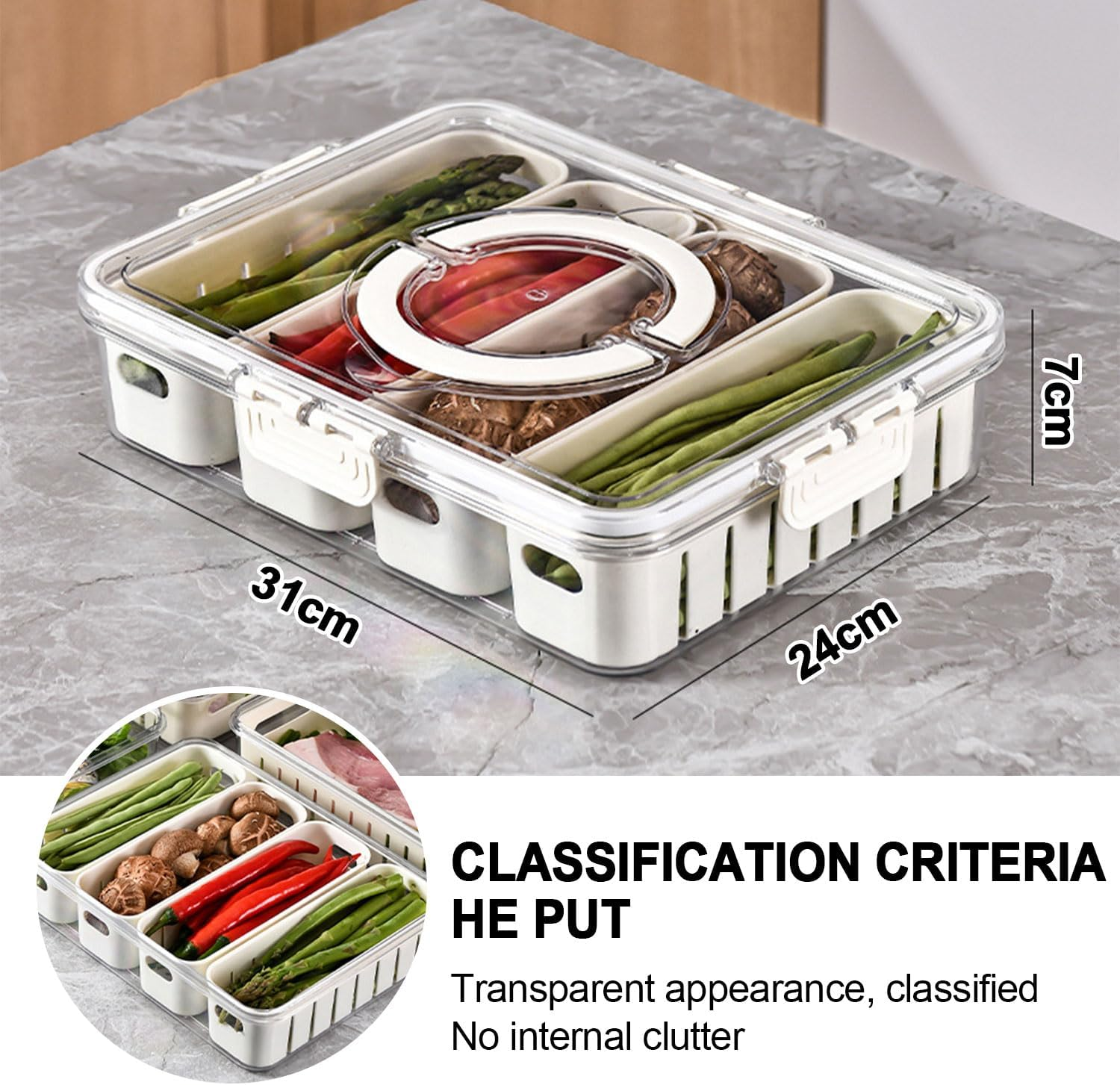 Divided Serving Tray with Lid and Handle, Storage Containers for Fridge, Snack Platters Organizer, Fruit Plate, Fresh -Keeping Box Is Suitable for Fruits, Vegetables, Refrigerators, Picnics (4 Grid) image number 2
