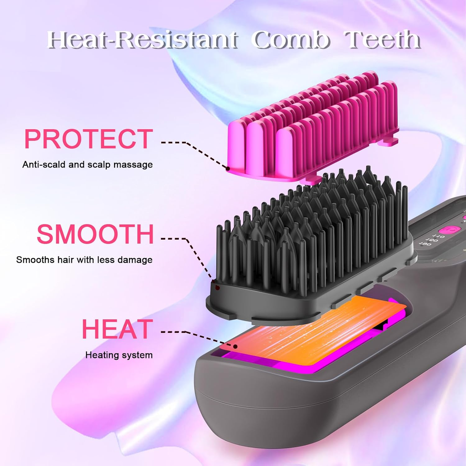 Electric Hair Straightener Brush, KYOEON Portable Cordless Mini Hair Straightening Brush for Women Travel, 9600Mah Rechargeable, Fast Heating Hair Straight Comb - Pink image number 4