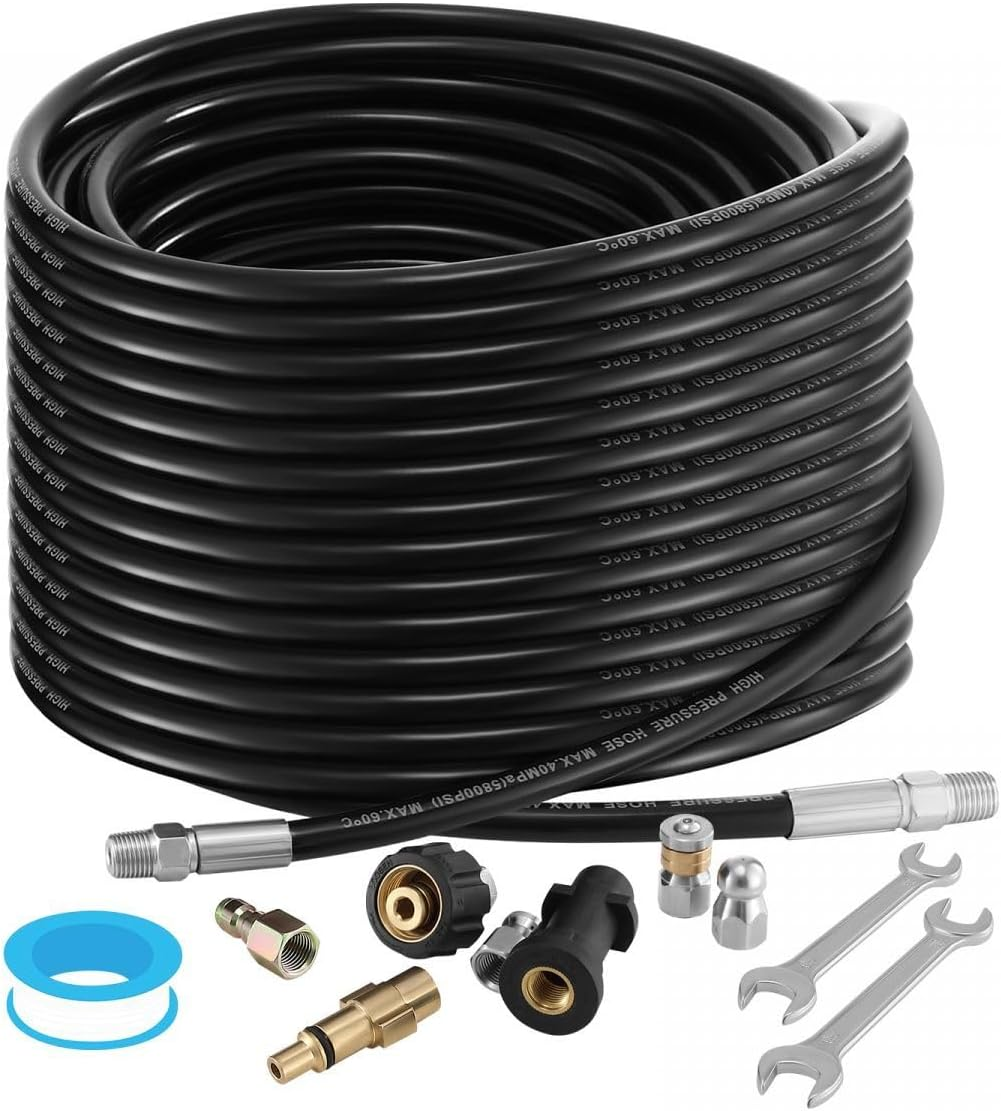 AUSWAY 30M Sewer Jetter Kit for High Pressure Washer Blaster Drain Cleaner Hose 5800PSI 1/4 Inch NPT Corner Jetting Cleaning Pipe Button Nose Rotating Nozzle image number 3