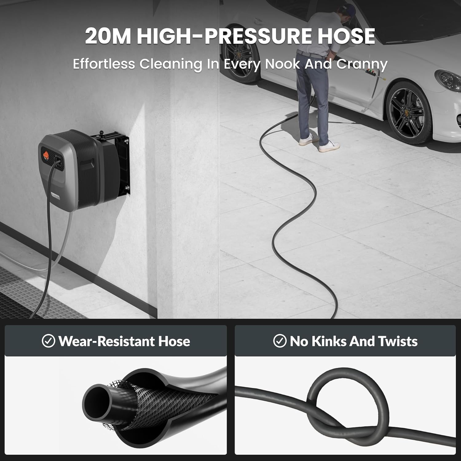Giraffe Tools Grandfalls Pressure Washer G20B, Electric Wall Mounted Power Washer, 20 M Retractable Black Pressure Hose with 180&deg; Rotating Bracket, Max 2400 PSI, Dark Silver