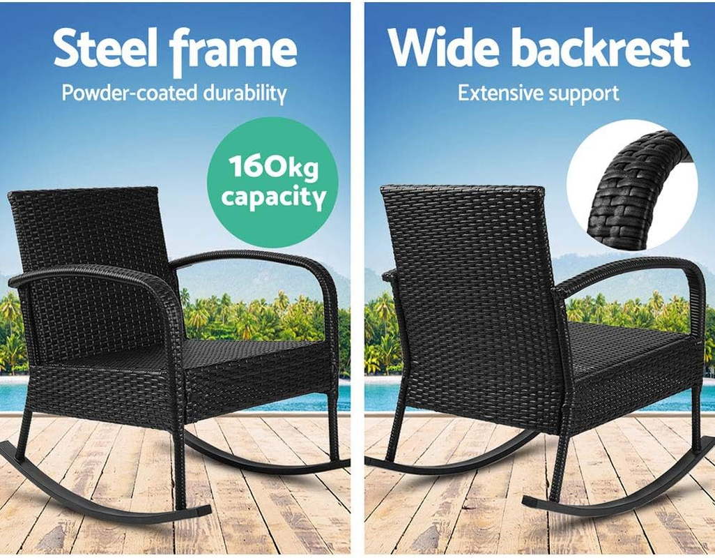 Gardeon Outdoor Rocking Chair Wicker Reclining Recliner, Patio Furniture Lounge Setting Conversation Set Backyard Garden Porch Indoor Pool, with Cushions Armrest Blackrest All-Weather