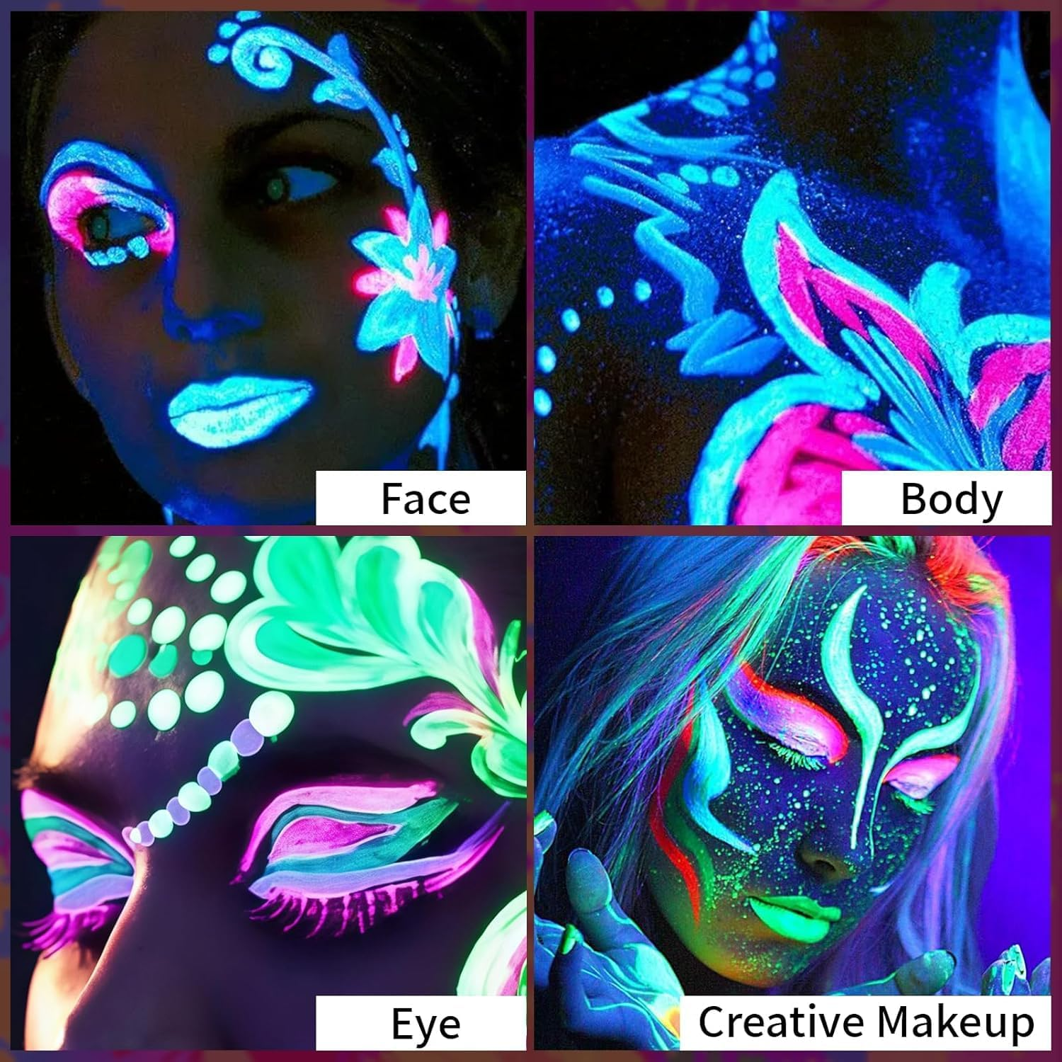 YBUETE 8 Colors UV Black Light Face Paint Palette, Glow in the UV Blacklight Body Paint,8 Colors Neon Fluorescent Body Paint Palette for Halloween Makeup, Cosplay Party, SFX Makeup Palette with Brush image number 1