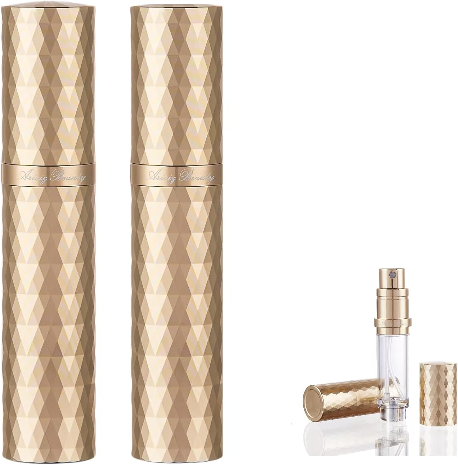 Aricizbeauty Travel Refillable Perfume Atomizer 0.17Fl.Oz/5Ml. Cologne Pocket Recyclable Portable Sprayer Bottle. Mini Scent Pump Case Dispenser Perfume Container (GREY+GLOD)