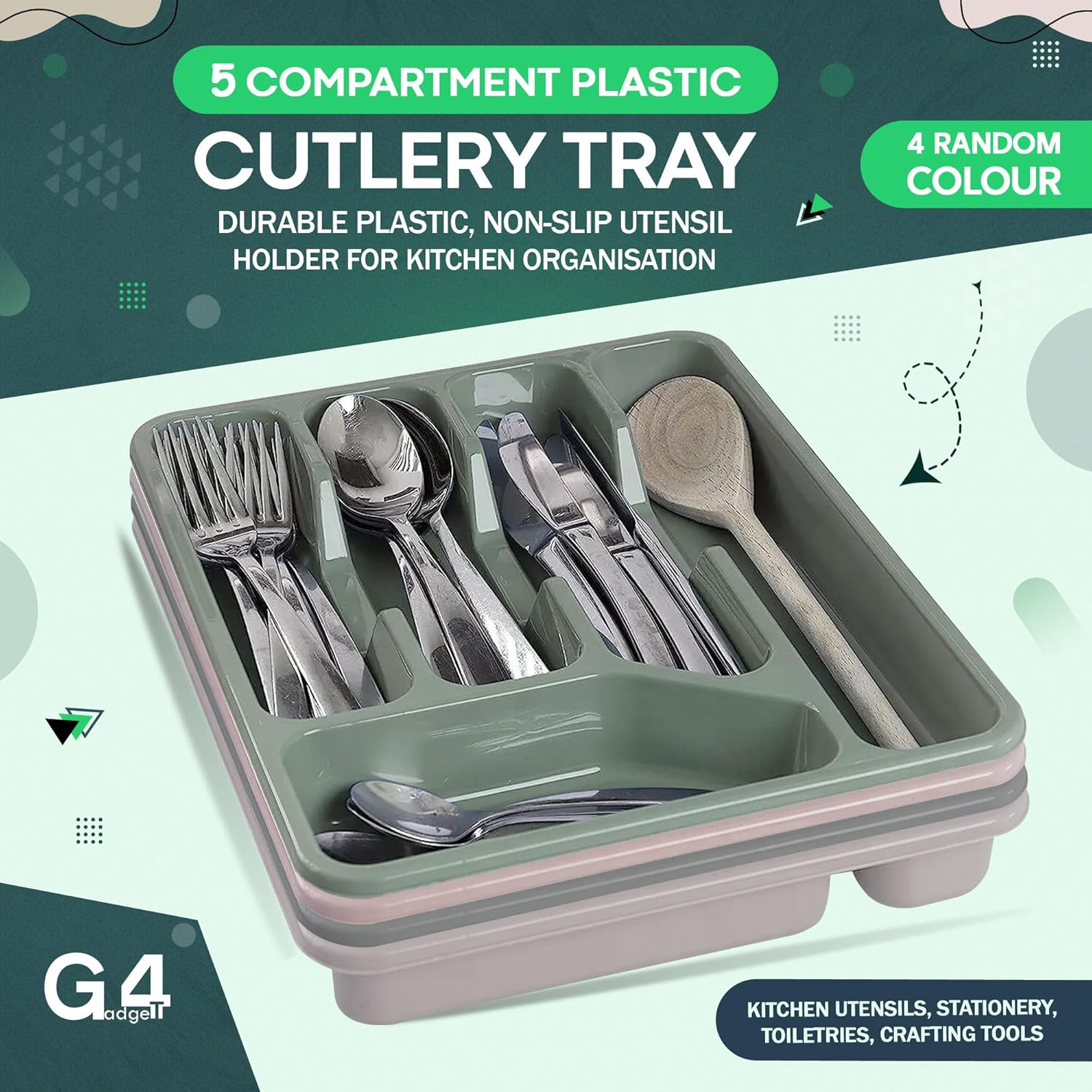 G4GADGET 5 Compartment Cutlery Tray Drawer Organiser, Random Colour, Durable Plastic, Non-Slip Utensil Holder for Kitchen Organisation image number 4