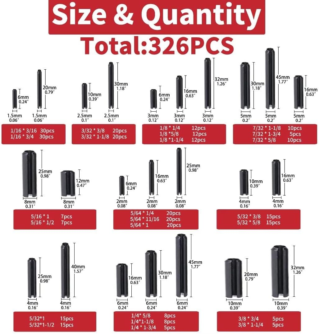 326PCS Roll Pin Set - 24 Sizes Spring Dowel Tension Roll Pins - 1/8 1/4 3/8 1/16 5/64 3/32 5/16 5/32 7/32 Split Expansion Pin Assortment Kit for Home Improvement image number 5