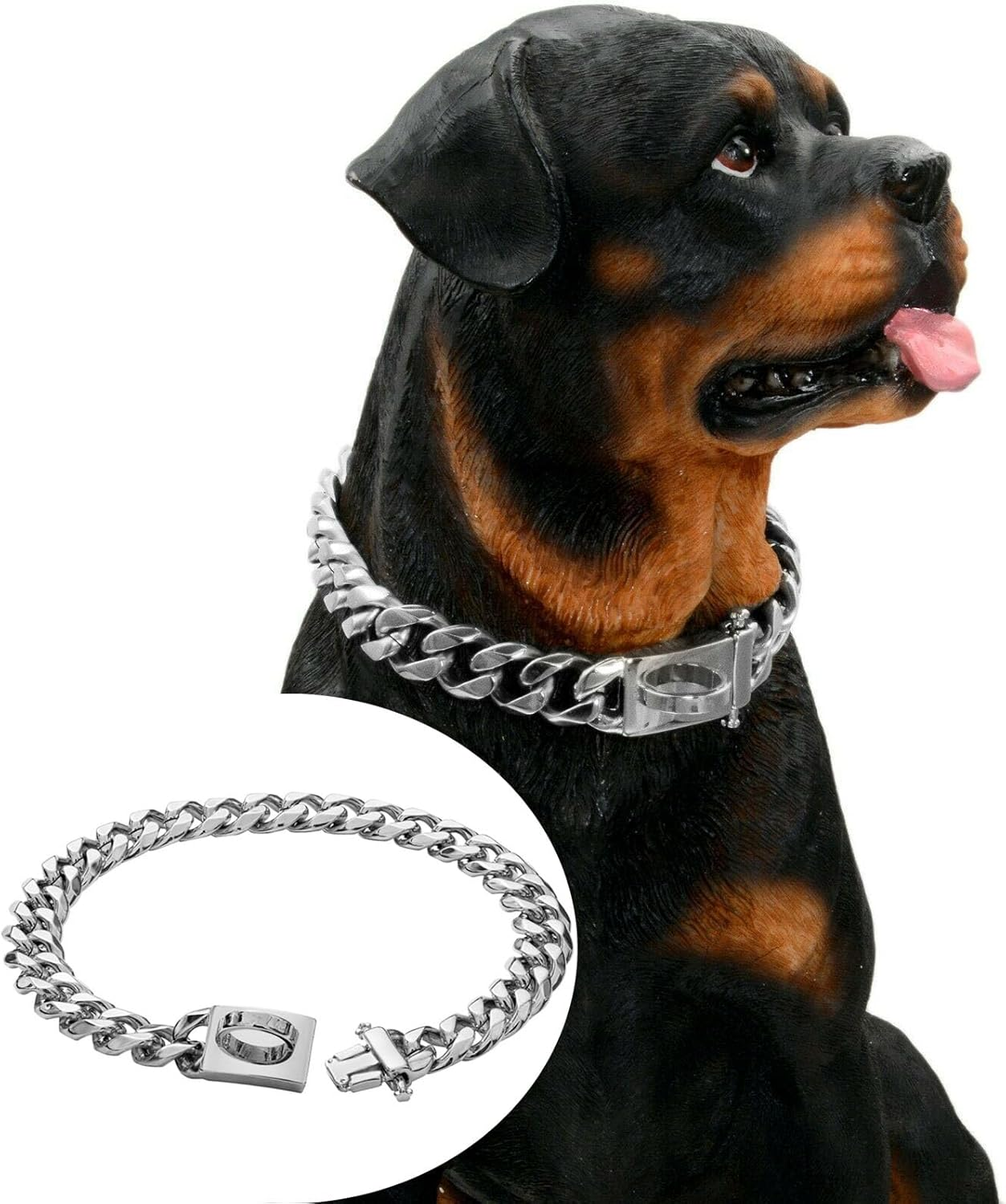 LASIEYO Silver Dog Collar 15 Mm Wide Cuban Link Dog Necklace Chain Collar with Metal Buckle D Ring Puppy Costume image number 6