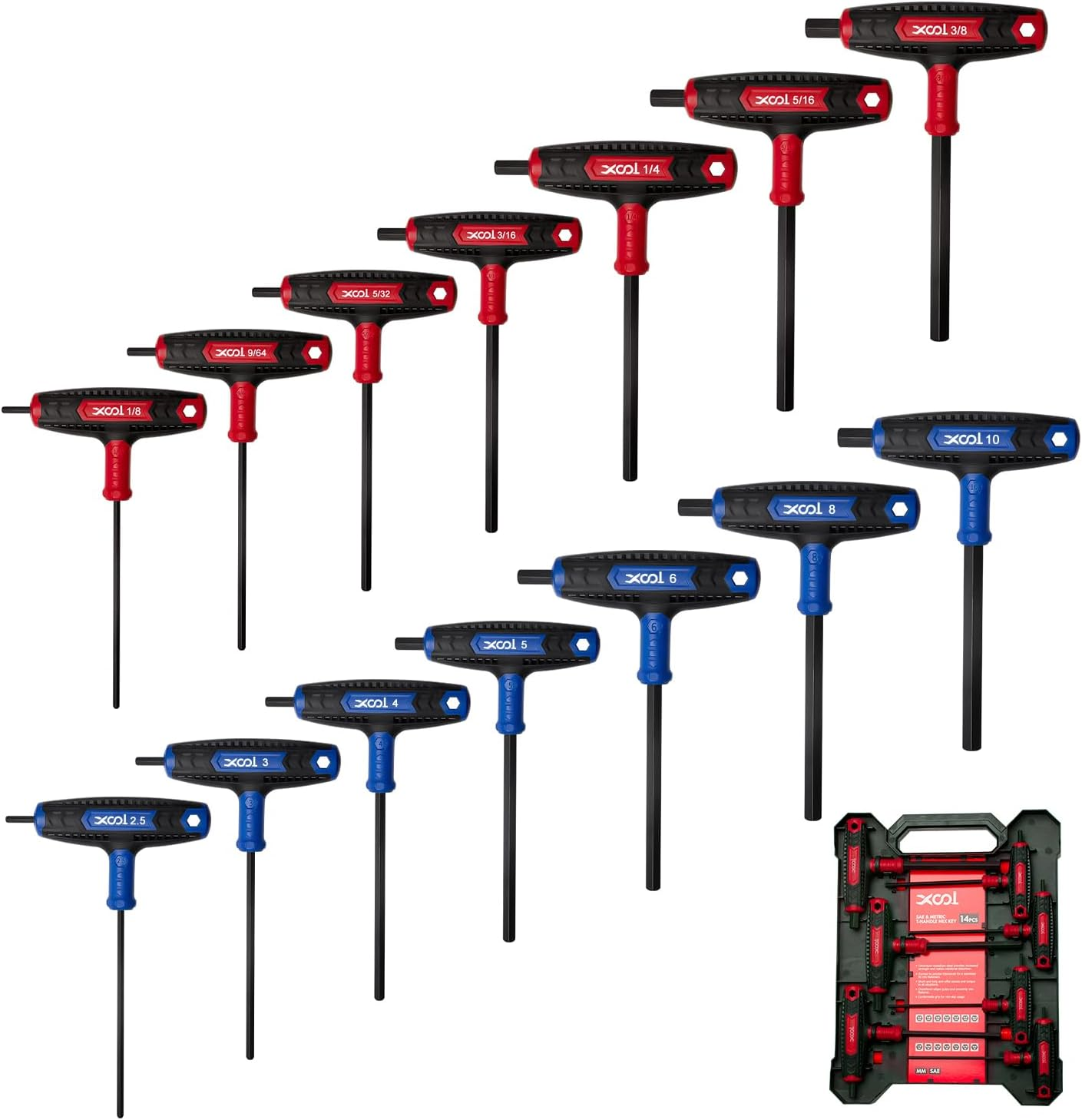 XOOL 14PCS T Handle Allen Wrench Set, Metric & SAE Hex Key Set, Long Arm Hex Key Wrench Set with Portable Organizer image number 4