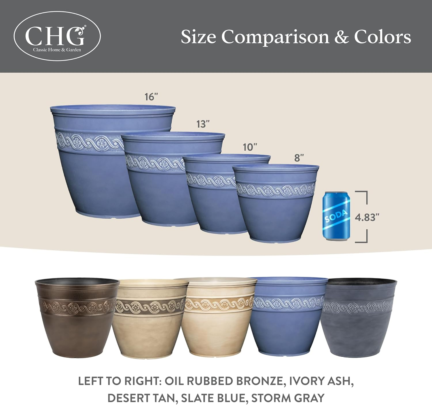 Classic Home and Garden Corinthian Resin Flower Pot Planter, Storm Blue, 13" image number 4