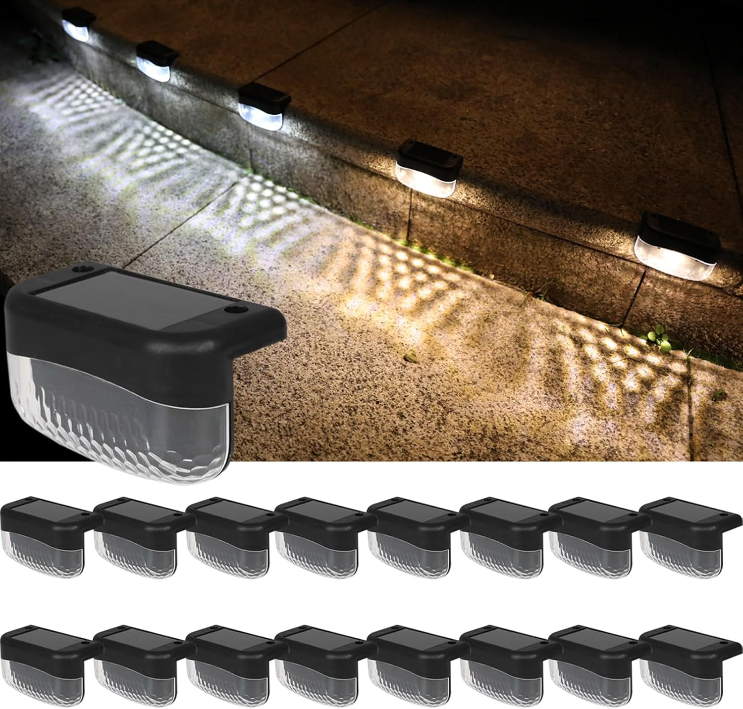 Harloon Solar Deck Lights Outdoor, 2 LED 16 Pack Solar Step Lights Waterproof Led Solar Lights for Outdoor Stairs, Step, Powered Deck Decorations, Fence, Yard, Patio, and Pathway (Warm White)