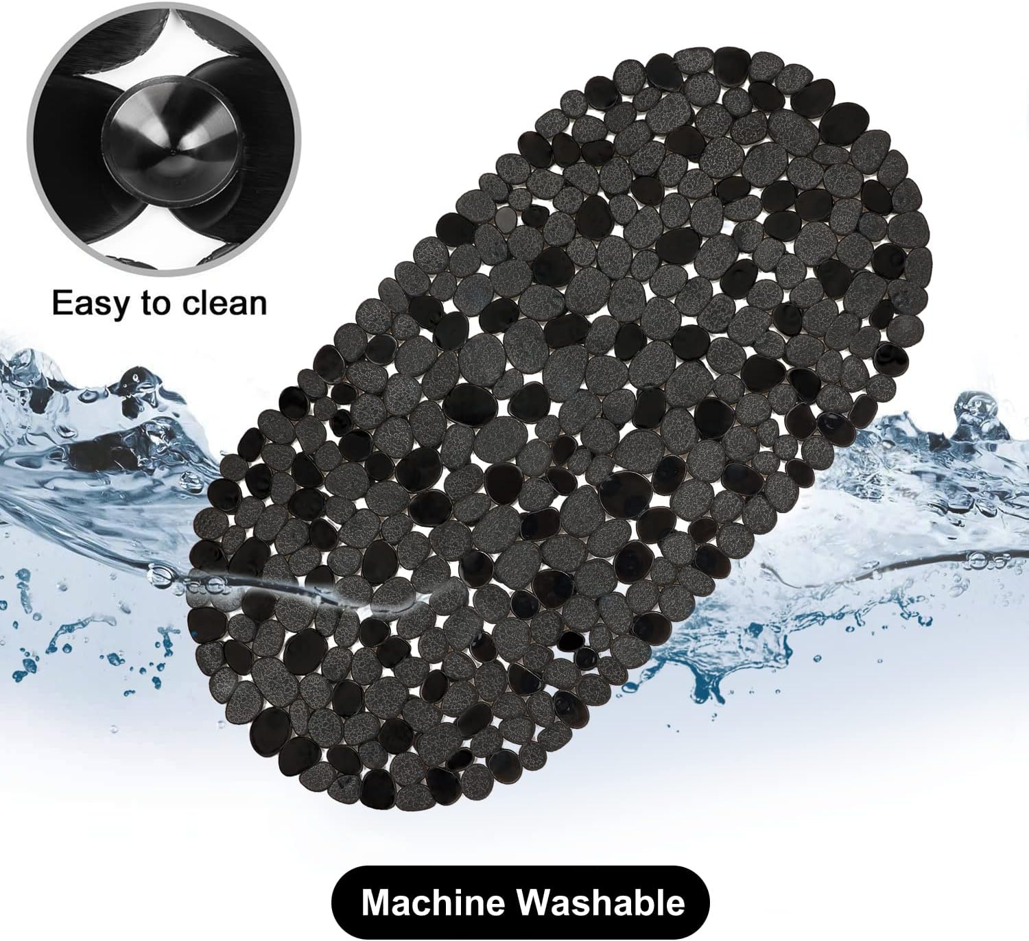 WELTRXE Pebbles Bath Mat for Tub Black Non-Slip Bathtub Mat with Suction Cups, Drain Holes for Bathroom Showers, Tub, Machine Washable, BPA, Latex Free Oval Shower Mats Bath Tub Mat, 27 X 14 Inch image number 4