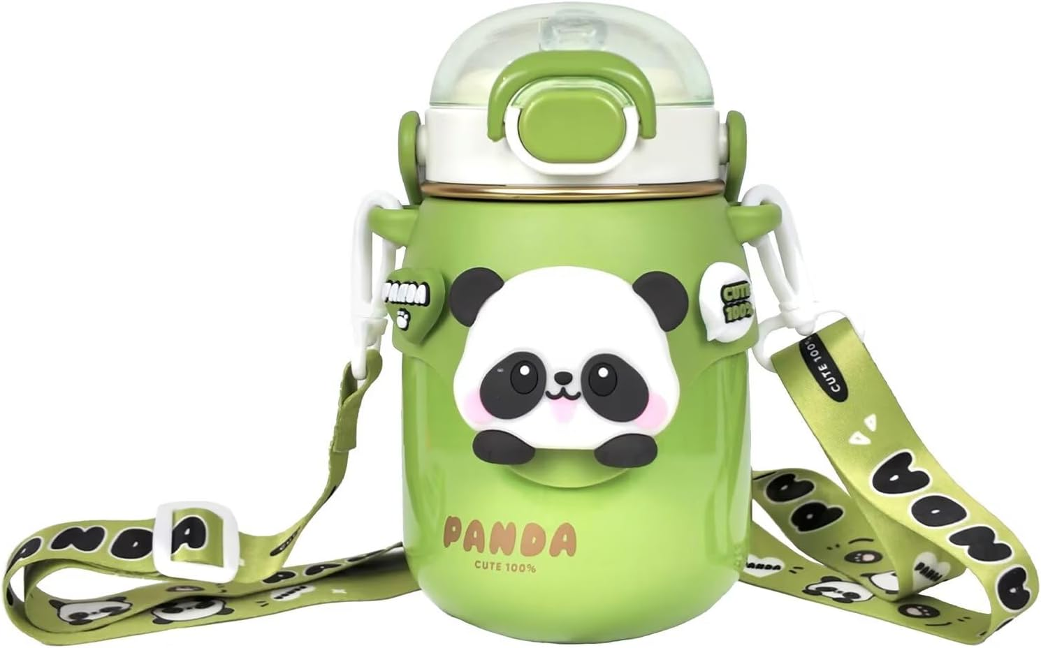 Landofgenie Insulated Stainless Steel Straw Water Bottle Cute Panda Shaped Cup Adjustable Strap Portable Handle Drinking Bottle for Gym, Hiking, School, Office, 24 Oz （Green）