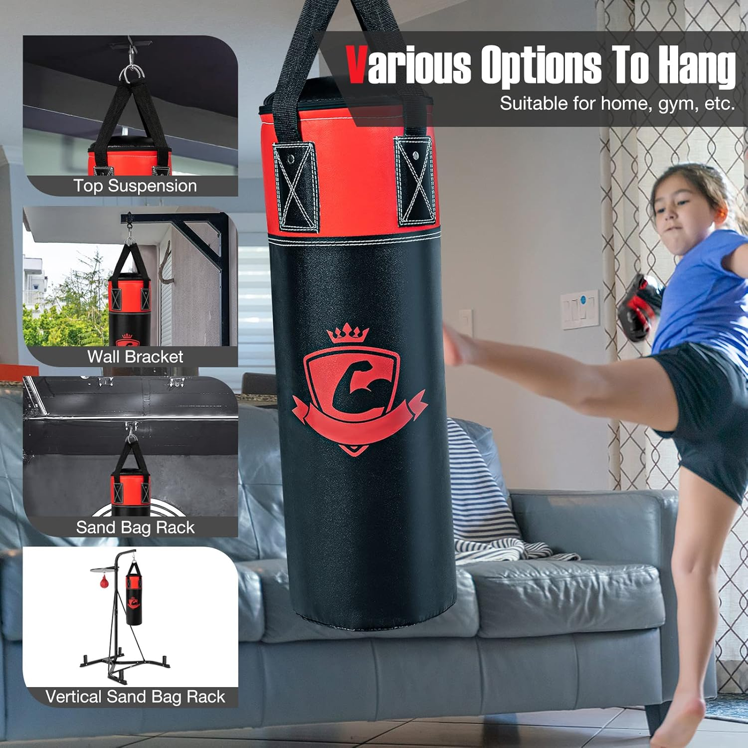 Costway Kids Hanging Punching Bag Set, 5 Kg Youth Boxing Bag W/Punch Gloves, Hand Wraps & Storage Bag, Replaceable Stuffing, Training in Karate, Kick Boxing, Taekwondo, Suitable for 3+ Boys & Girls