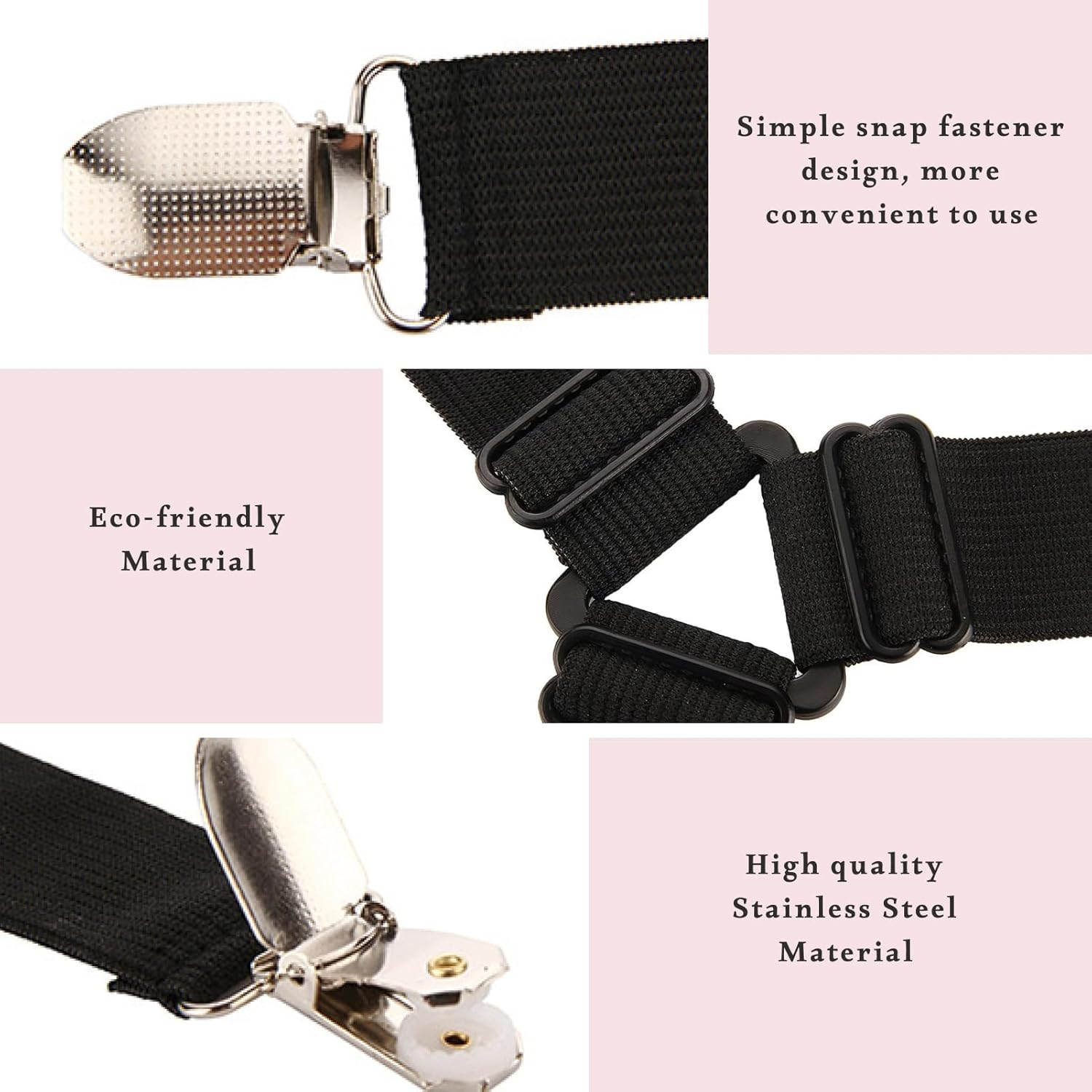 Premium Bed Sheet Straps Set 4 PCS, Adjustable Fitted Sheet Holders in Black, Durable Elastic Nylon with Nickel-Plated Clips, Suitable for Most Bed Types, Keep Sheets Securely in Place image number 5