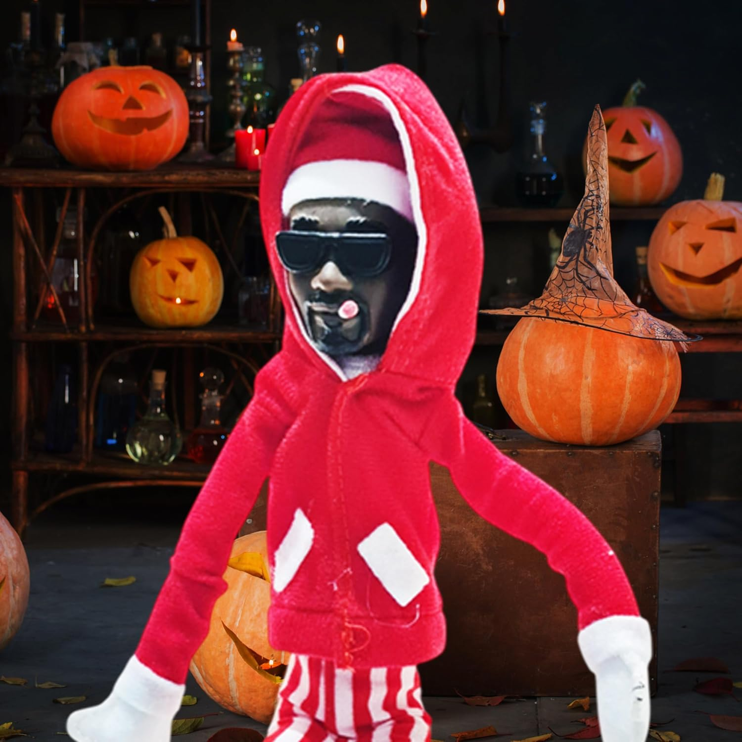 Snoop on a Stoop Elf Rapper Christmas Decoration, Handmade Hip Hop Ornament Plush for Holiday Home Garden Party Decor (Red)