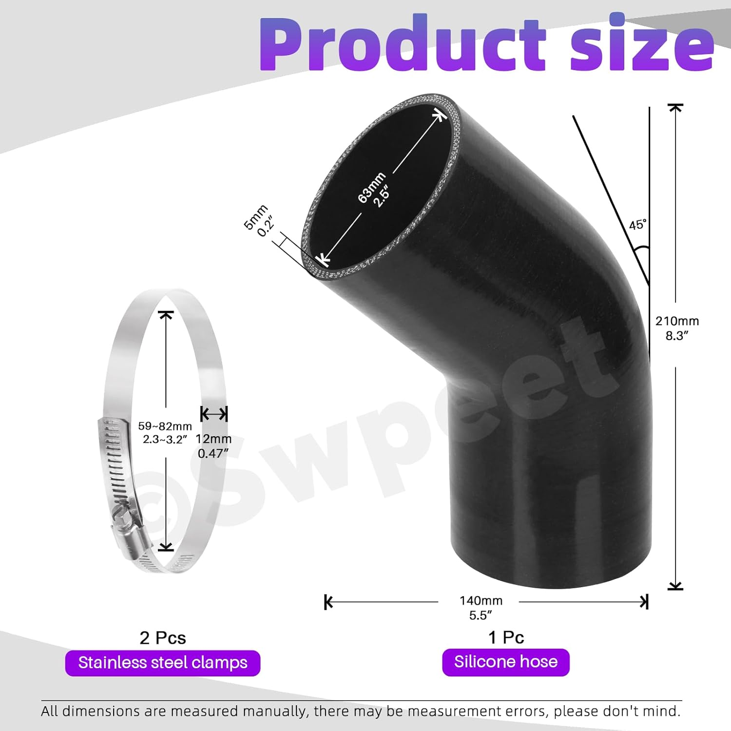 Swpeet 3Pcs 2.5 Inch - 63Mm 45 Degree Elbow 4-Ply Reinforced Silicone Hose with 59-82Mm 304 Stainless Steel T Bolt Hose Clamp Kit, Automotive Pure Silicone Hose for Turbo Intake Intercooler image number 4