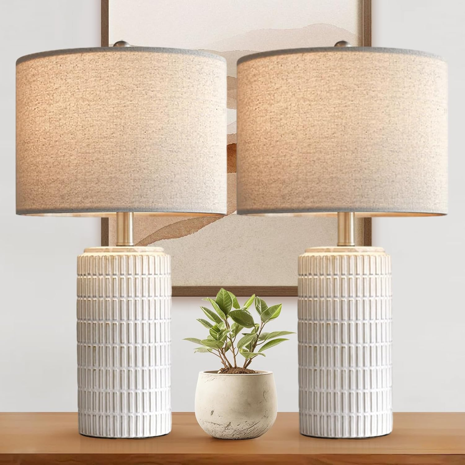 Clora Tall Bedside Lamp, Set of 2 Table Lamp, 3 Color Temperatures, Farmhouse Nightstand Light with Beige Lampshade for Living Room Bedroom Office Home Decor (Beige and White - 56Cm Ceramic Lamp) image number 2