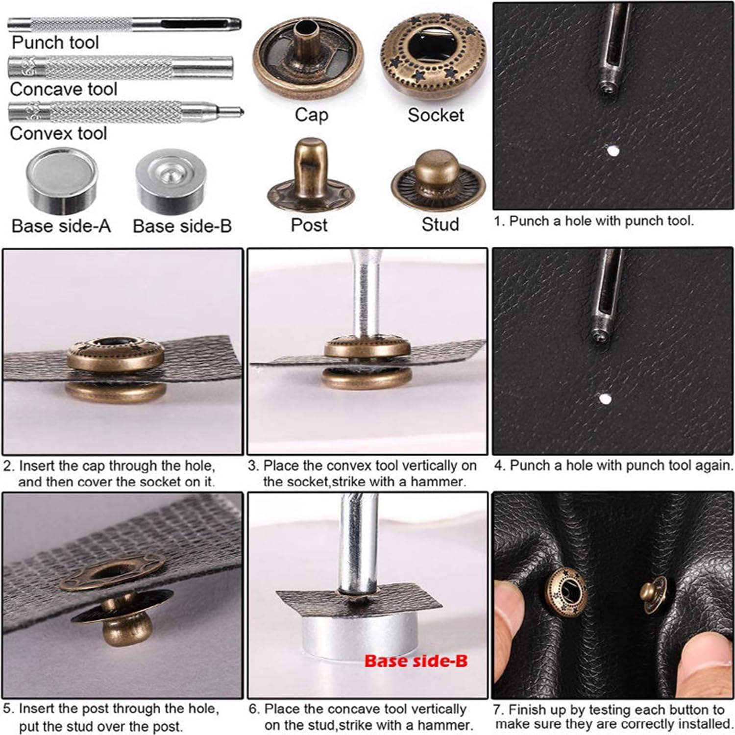 45 Sets Snap Fasteners Kit 15Mm Stainless Steel Metal Snap Fasteners Kit with 4 Install Tools 3 Color Leather Snaps for Thin Leather, Jacket, Jeans Wear, Bracelet, Bags，Diy Crafts image number 4