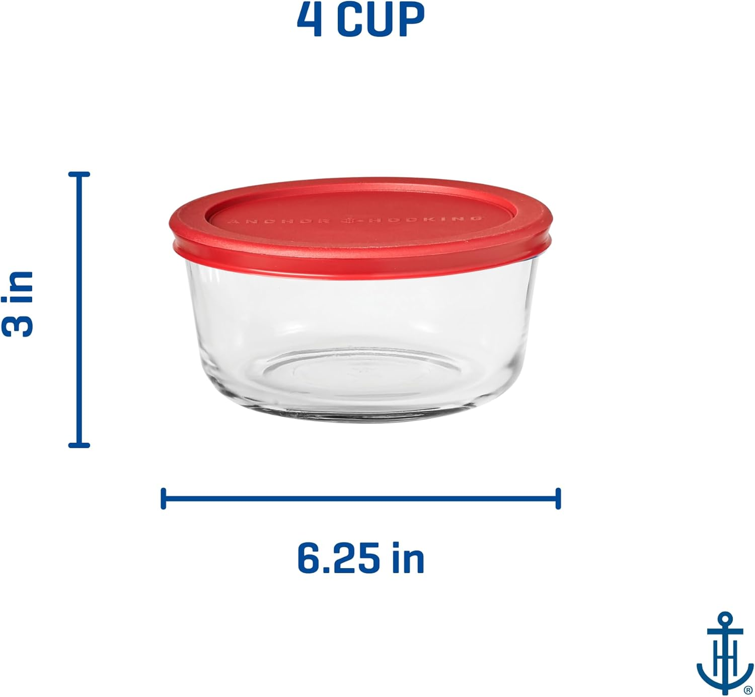 Anchor Hocking Snugfit round Glass Food Storage 4-Piece Container Set with Lids, Red &ndash; Durable Tempered Glass for Oven, Microwave, Freezer & Dishwasher Use &ndash; Resists Stains, Odors &ndash; 4-Cup Capacity image number 5