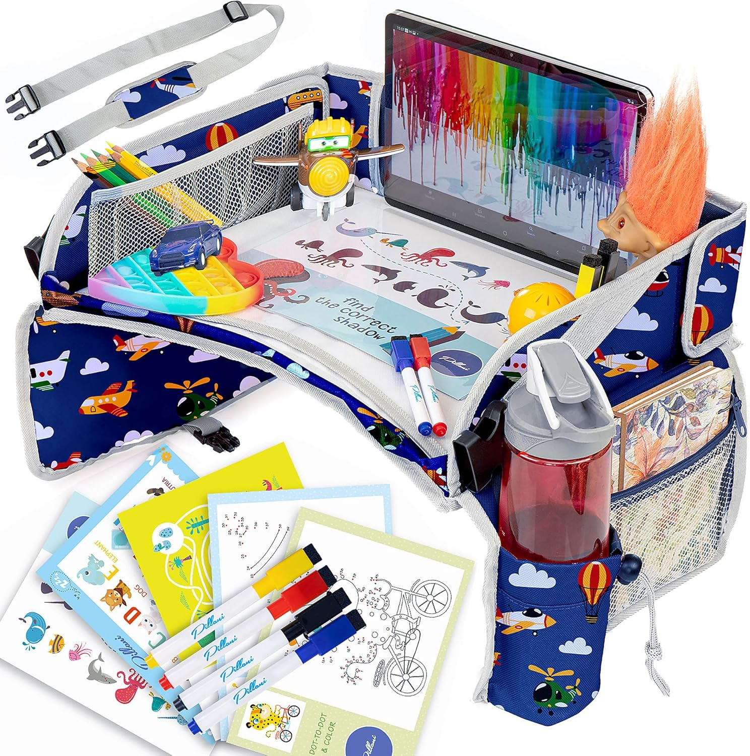 PILLANI Kids Travel Tray for Car - Seat Tray, Road Trip Essentials - Carseat Table Activities - Toddler Lap Desk Organizer for Airplane - Pack of 2