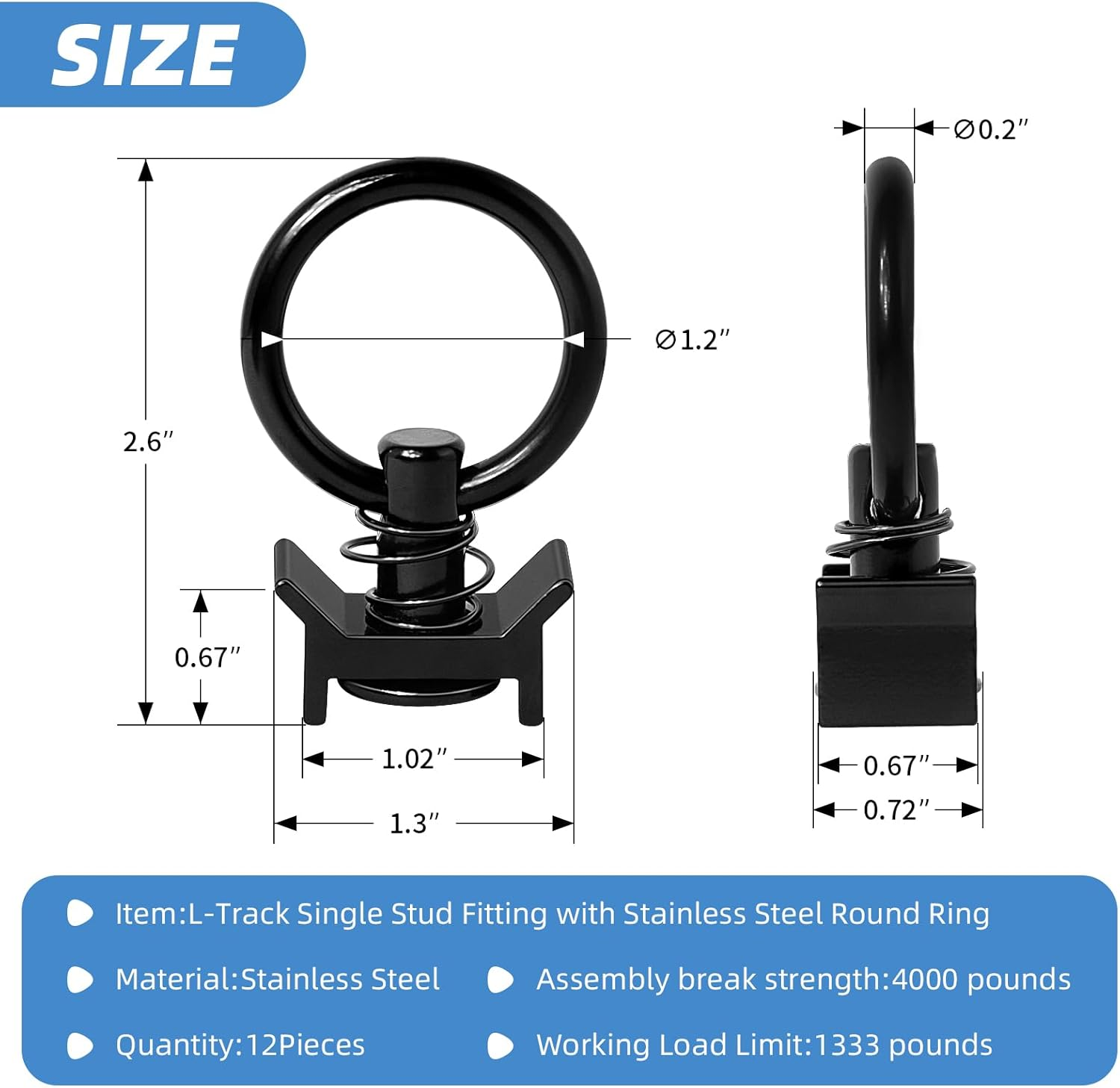L Track Single Stud Fitting 4,000LB Capacity with round Ring Aluminum Keeper Cargo Control, Pack of 12, Black image number 1