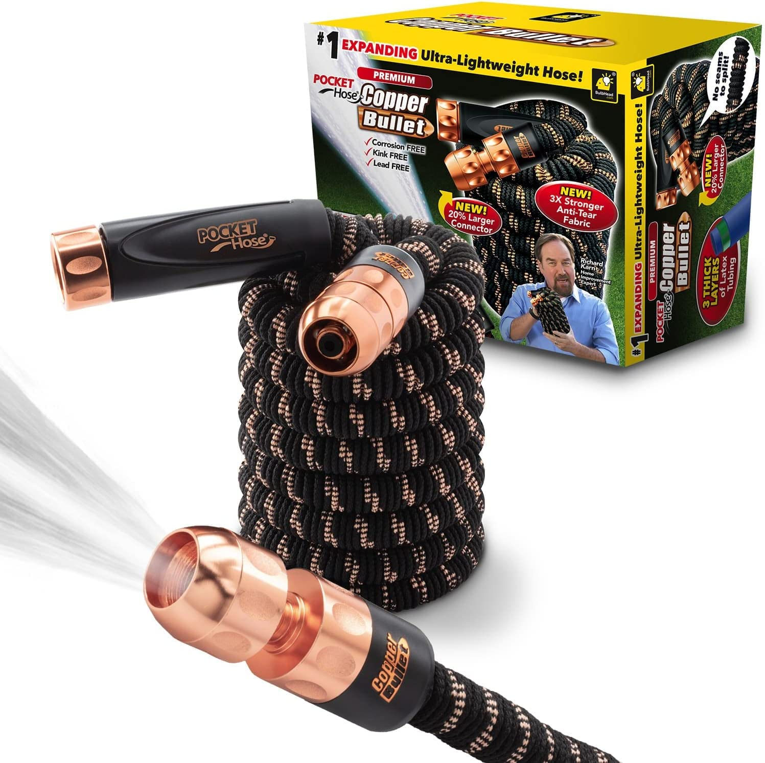 Pocket Hose Bullet Expanding Garden Hose W/Copper, AS-SEEN-ON-TV, Lead, Larger Connectors, 3X Stronger Fabric, 3 Layers of Latex Tubing, Kink-Free, Leak-Proof, Bonus Spray Nozzle, 25-FT, Black image number 3