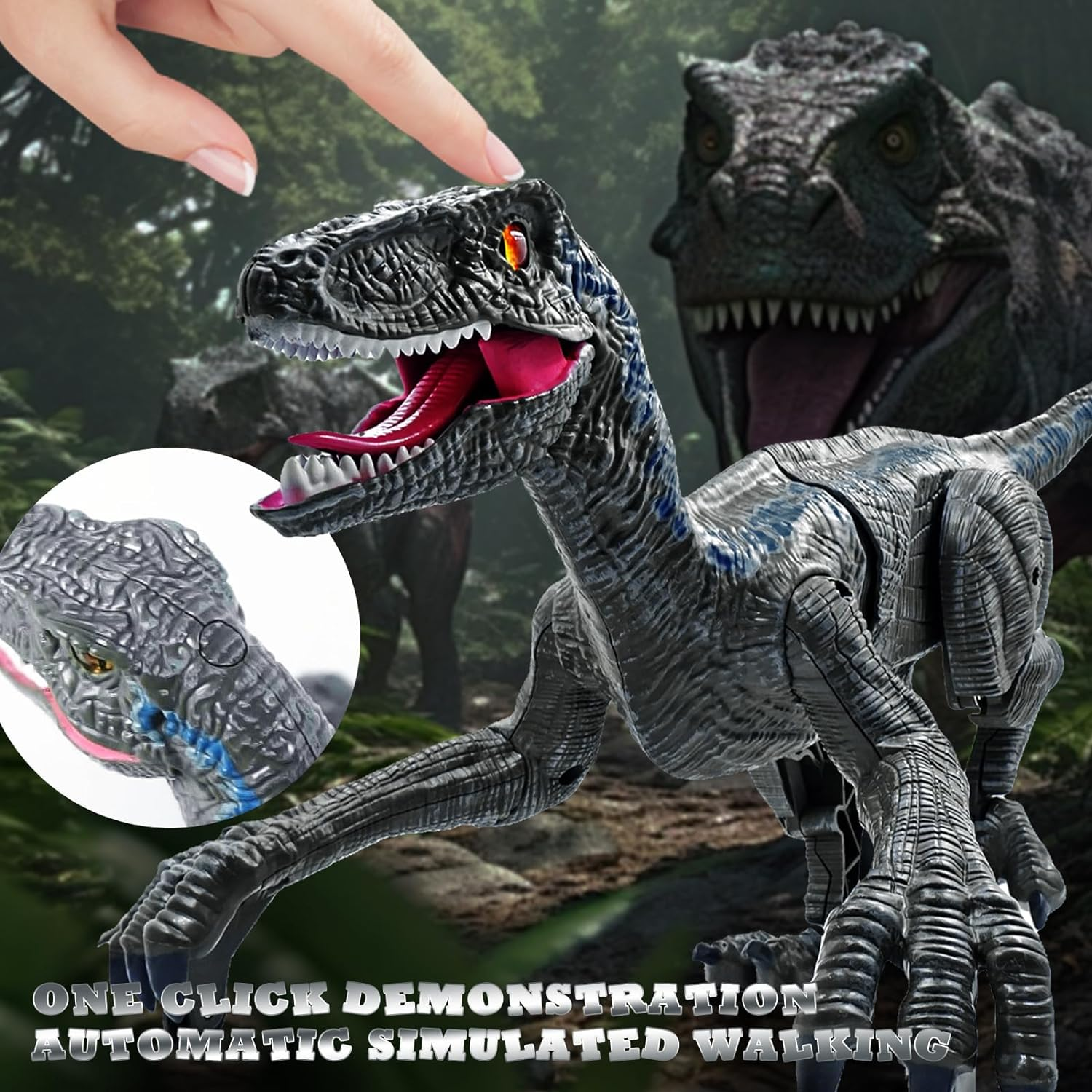 Peeokuo Remote Control Dinosaur for Kids,2.4G Electronic RC Toys Velociraptor with 3D Eye Shaking Head and Tail & Roaring Sounds, Indoor Robot Dinotoys for 3-5 5-7 8-12-Year-Old Gifts image number 3
