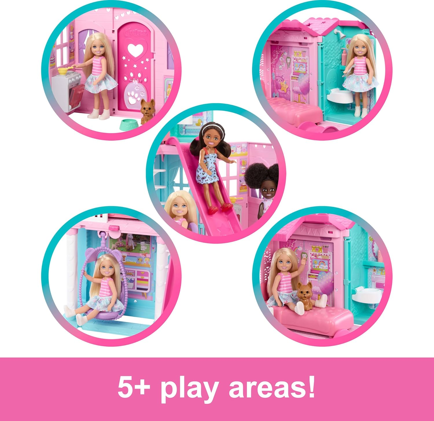 Barbie Chelsea Toy Dollhouse with 15+ Accessories, Pop-Up House Expands to 17+ X 13+ Inches with 5 Play Areas & Slide, Includes Small Doll & Pet Dog image number 2