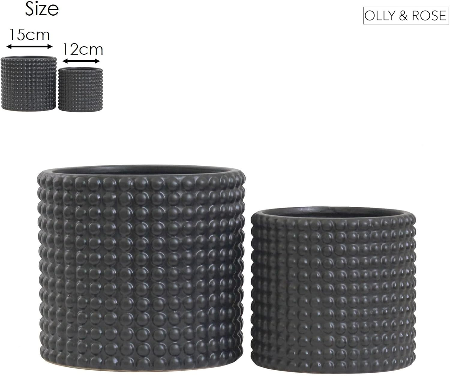 Milan Plant Pot Set - Black Ceramic Dots Plant Pots Indoor Set 2 Planters (Matt Black) image number 2