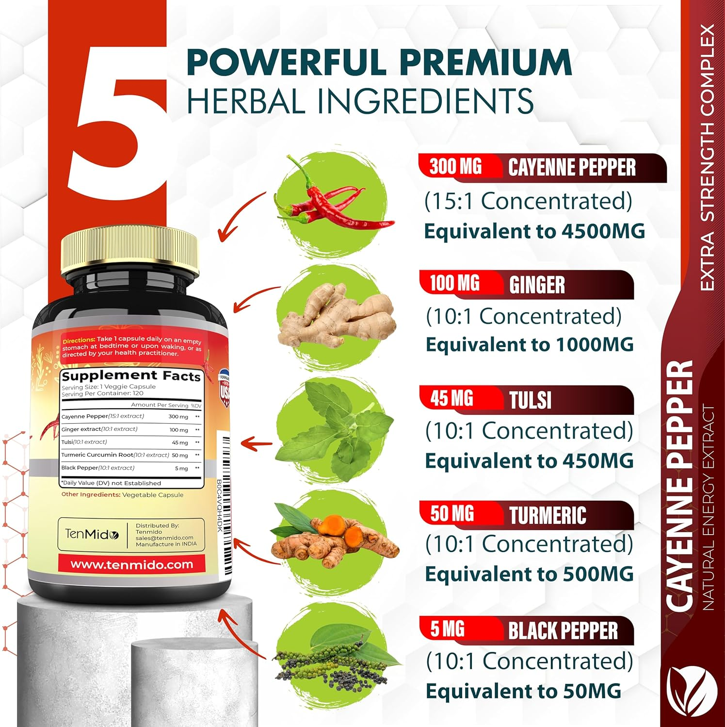 Tenmido Cayenne Pepper Supplement 6500Mg, 4 Months Supply with Ginger, Turmeric Curcumin, Tulsi, Black Pepper - Supports Immune System, Promotes Digestive System Function - 120 Vegan Extract Capsules image number 5