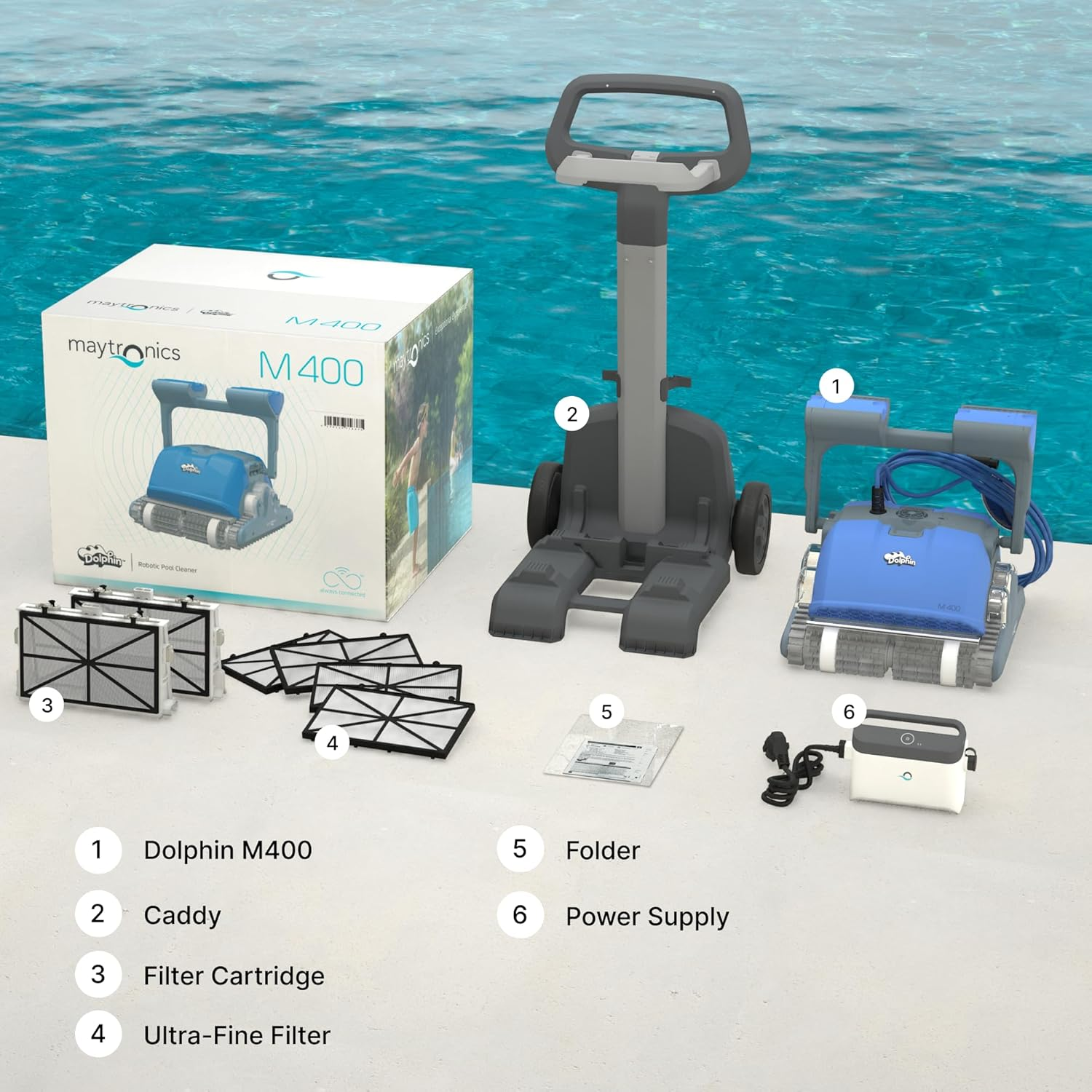 Dolphin M400 Combined Brush Robotic Pool Cleaner with Caddy, up to 210Min Cycle, Clean Floor, Walls, Waterline up to 15M Pool with Dual-Drive Motor, Ultra-Fine Filter, All-Terrain Brush - Robot Vacuum image number 5