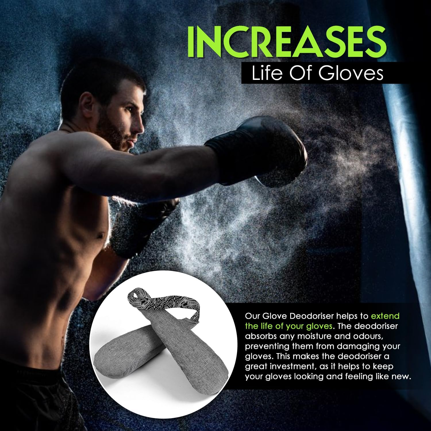 Boxing Glove Deodorisers 2 Pack, Shoes - Absorbs Stink Leaves Gloves Fresh Sweat Absorb Smells Improved Bamboo Charcoal Deodoriser for Boxing, Football Shoes, Cricket Gloves Bags & Sports Gear