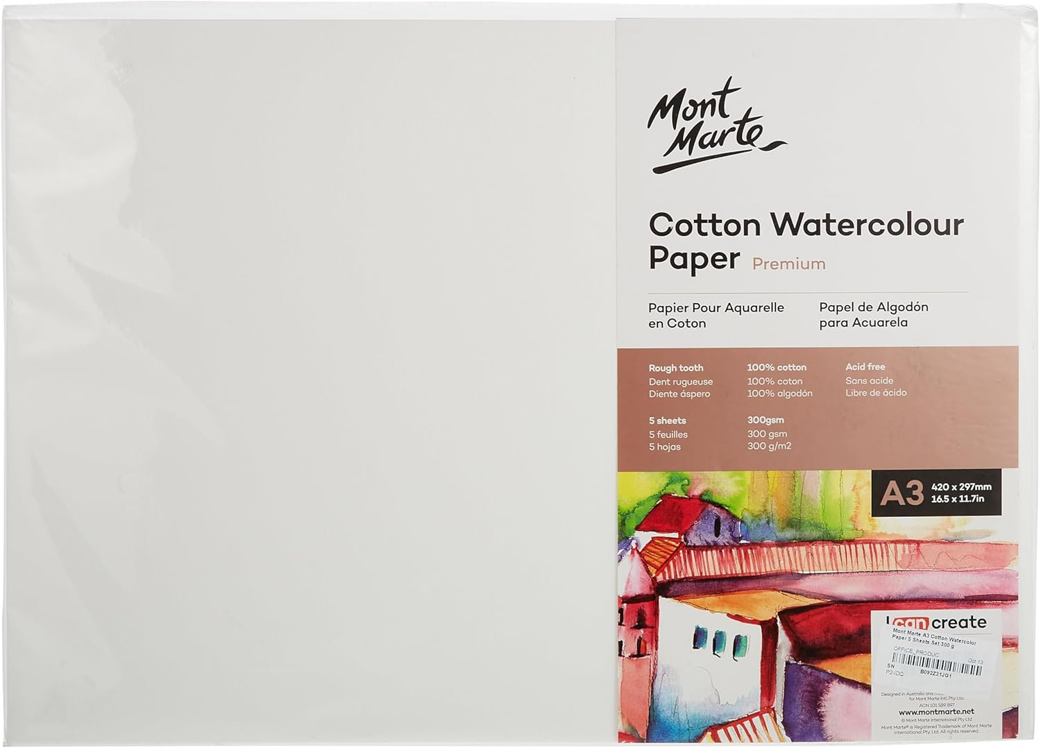 Mont Marte Artiste A3 300Gsm Cotton Watercolour Paper Pad, 5-Sheets