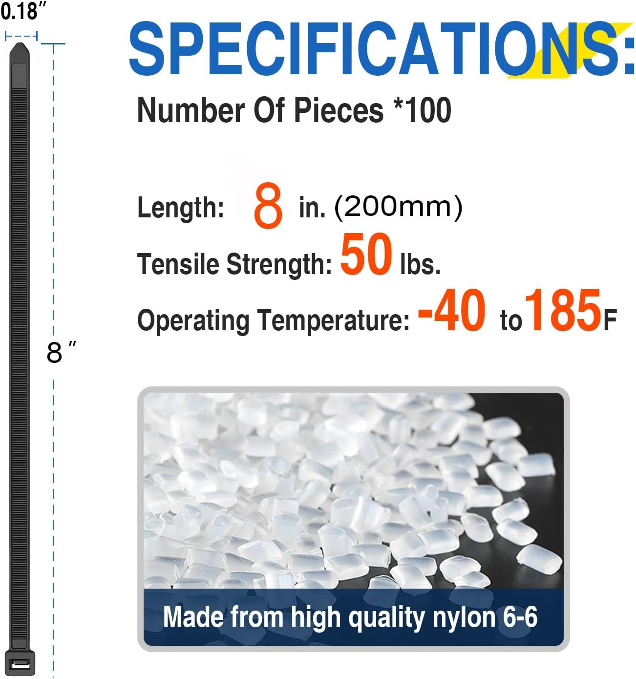 8 Inch Cable Ties, 4.8Mm X 200Mm, 100 Pack Black Zip Ties Long 50 Lbs Tensile Strength with UV Resistant, Nylon Plastic Self Locking Large Heavy Duty Cable Wrap for Tidy Wires Home Workshop and Garden image number 2