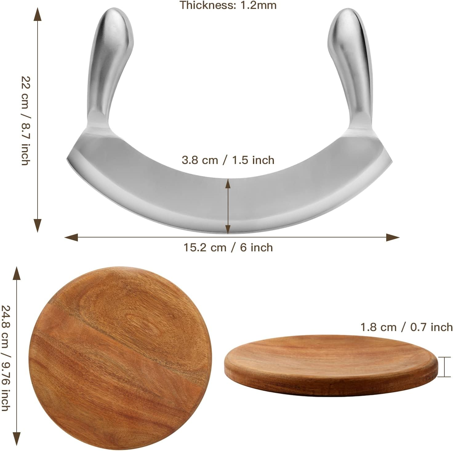 8.7 Inch Mezzaluna Knife with Wood Cutting Board - Stainless Steel Salad Chopper Rocker Pizza Cutter Rocker Knife Curved Blade Sharp Blade Double Handle Fruit Vegetable Mincing Knife image number 6