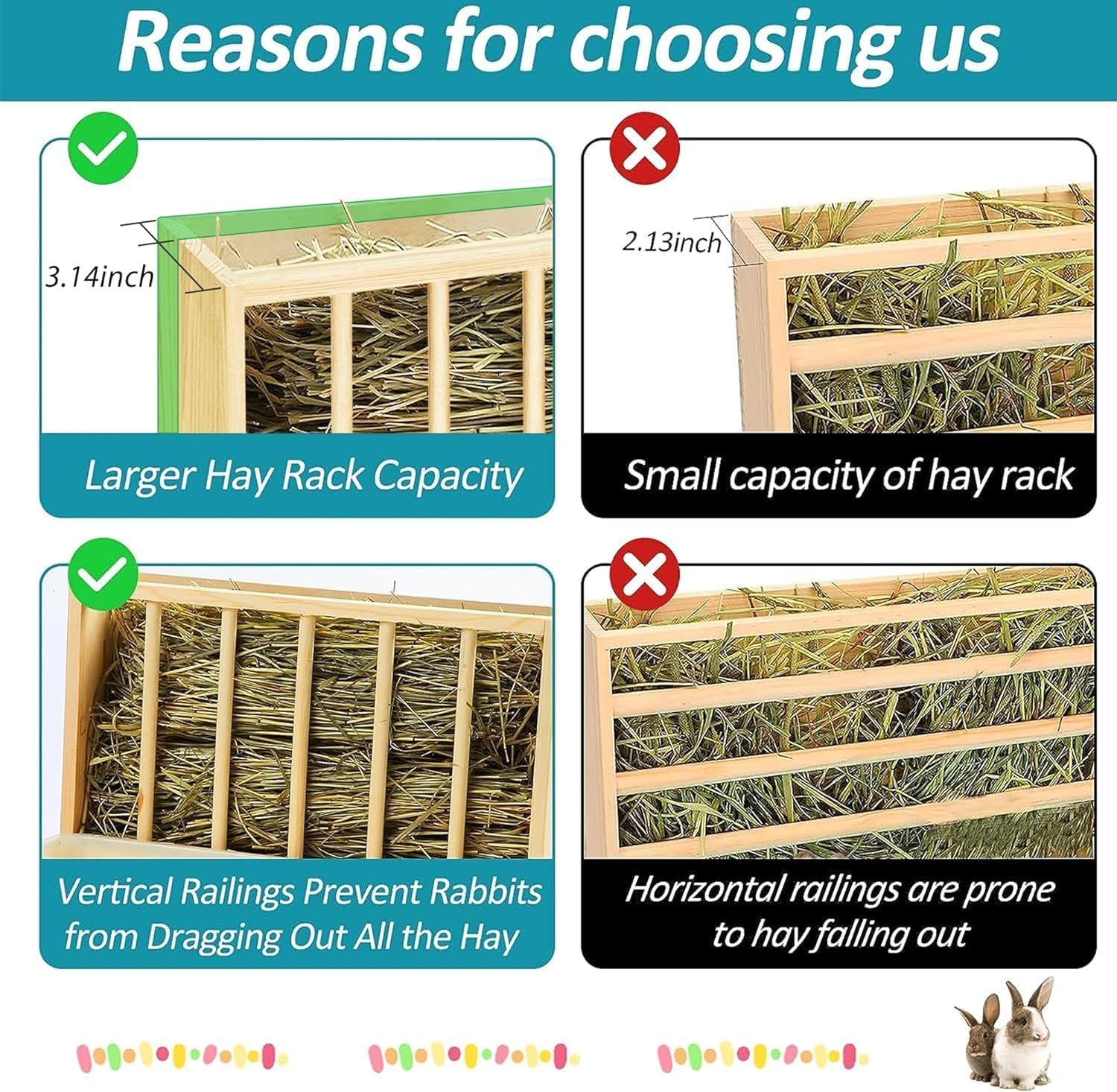 Wooden Rabbit Hay Feeder with 3-In-1 Litter Box and Bowls, Small Animal Rack for Guinea Pigs, Chinchillas, Hamsters, and Dwarf Rabbits - Wood Color image number 2