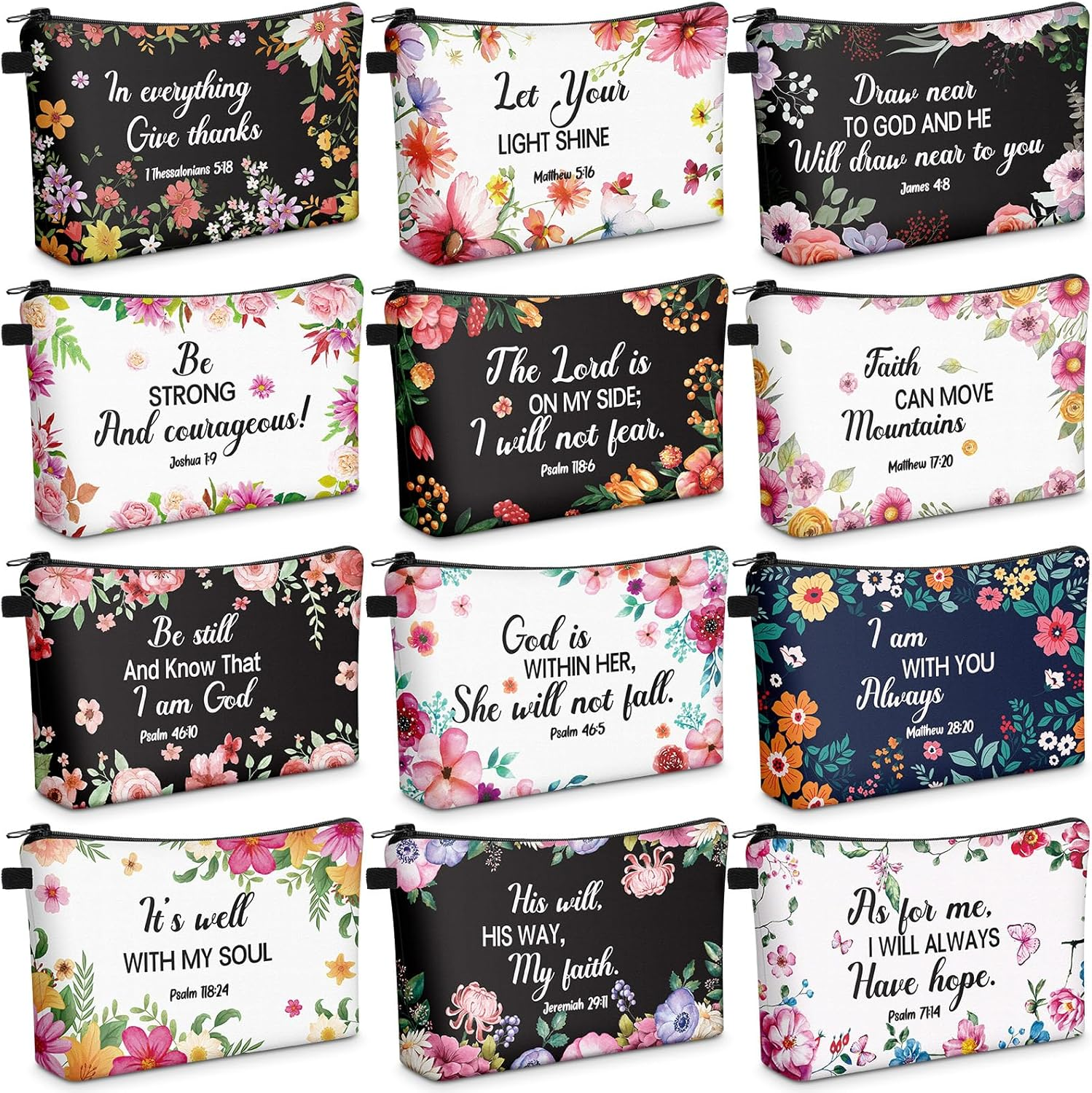 Chunful 12 Pcs Inspirational Christian Gifts Religious Makeup Bags Bulk for Women Bible Verse Flower Cosmetic Bag Thanksgiving Christmas Gift for Church Ladies, 7.48 X 4.72 Inch(Elegant) image number 6