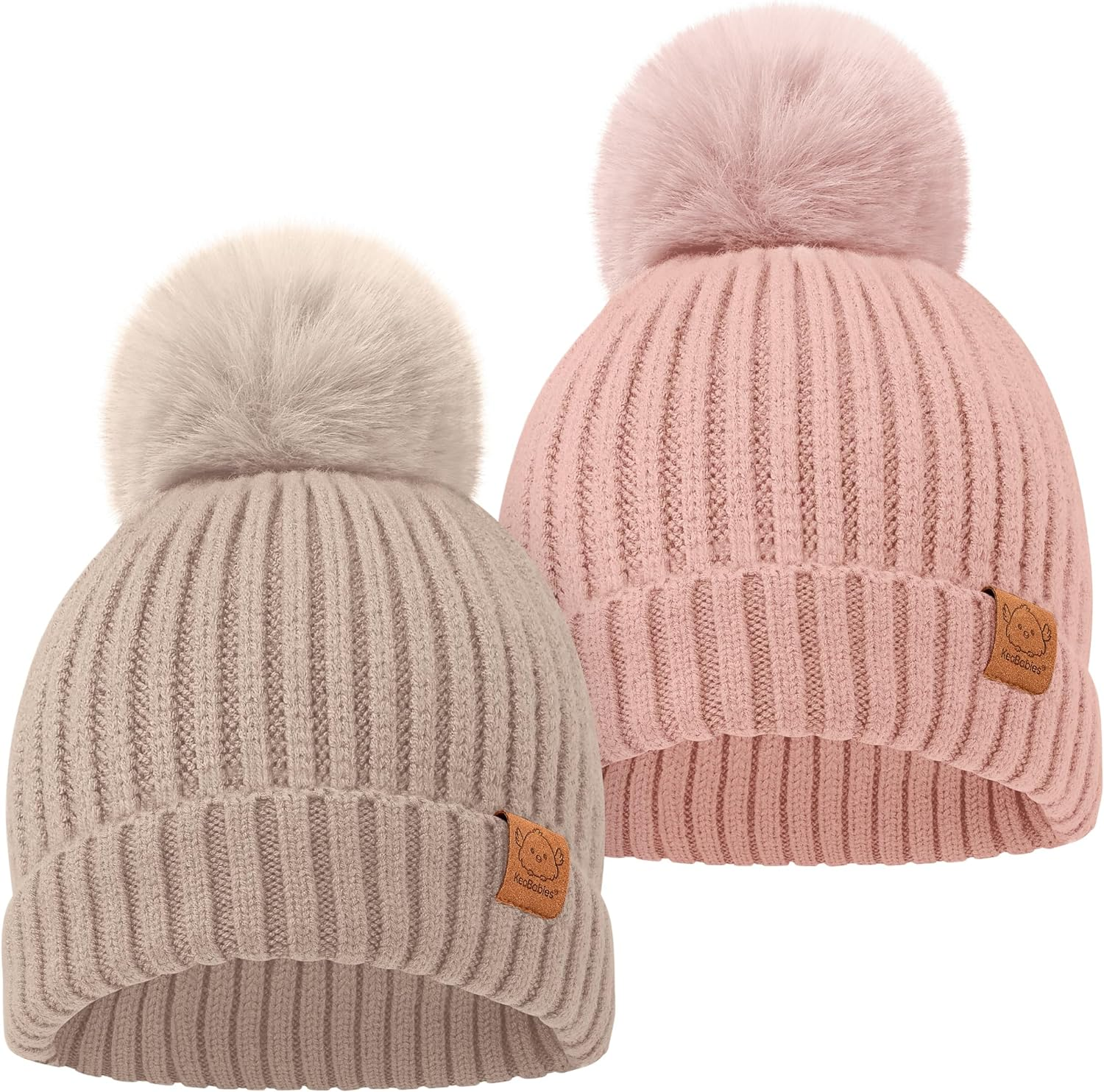 Keababies 2-Pack Baby Hats for Girls, Boys - Stretchy Baby Beanies, Cute Newborn & Toddler Winter Hat, Soft & Warm Pom Pom Beanie for Infant, Toddler, Boys, Girls 0-6 Months (Rust, S)