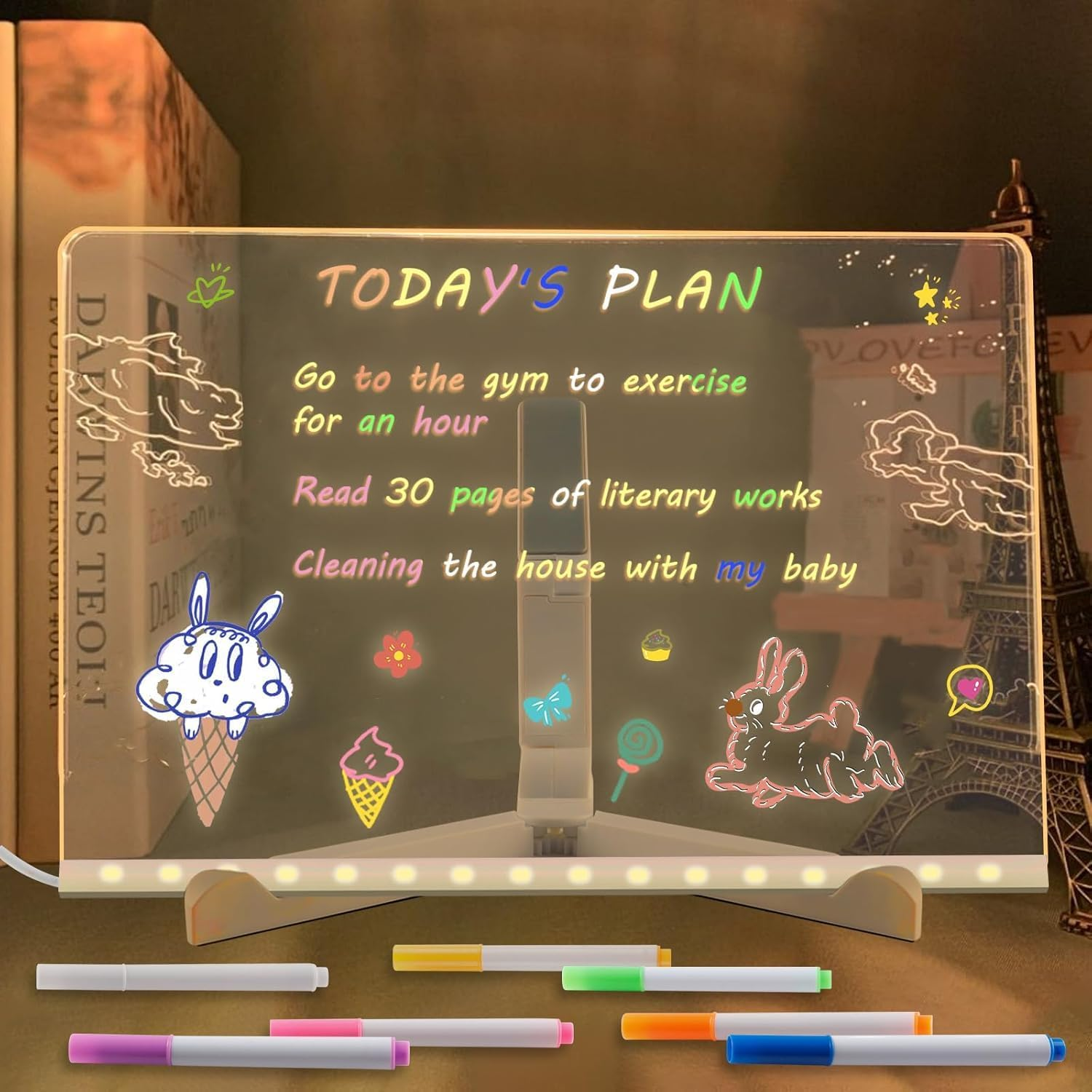 QAUARUMSUN Dry Erase Board with Colors, 2025 Upgraded Lighted Acrylic Dry Erase with Stand Desktop Glow Memo LED Letter Rewritable Message Board White(5.9 * 5.9IN) image number 5