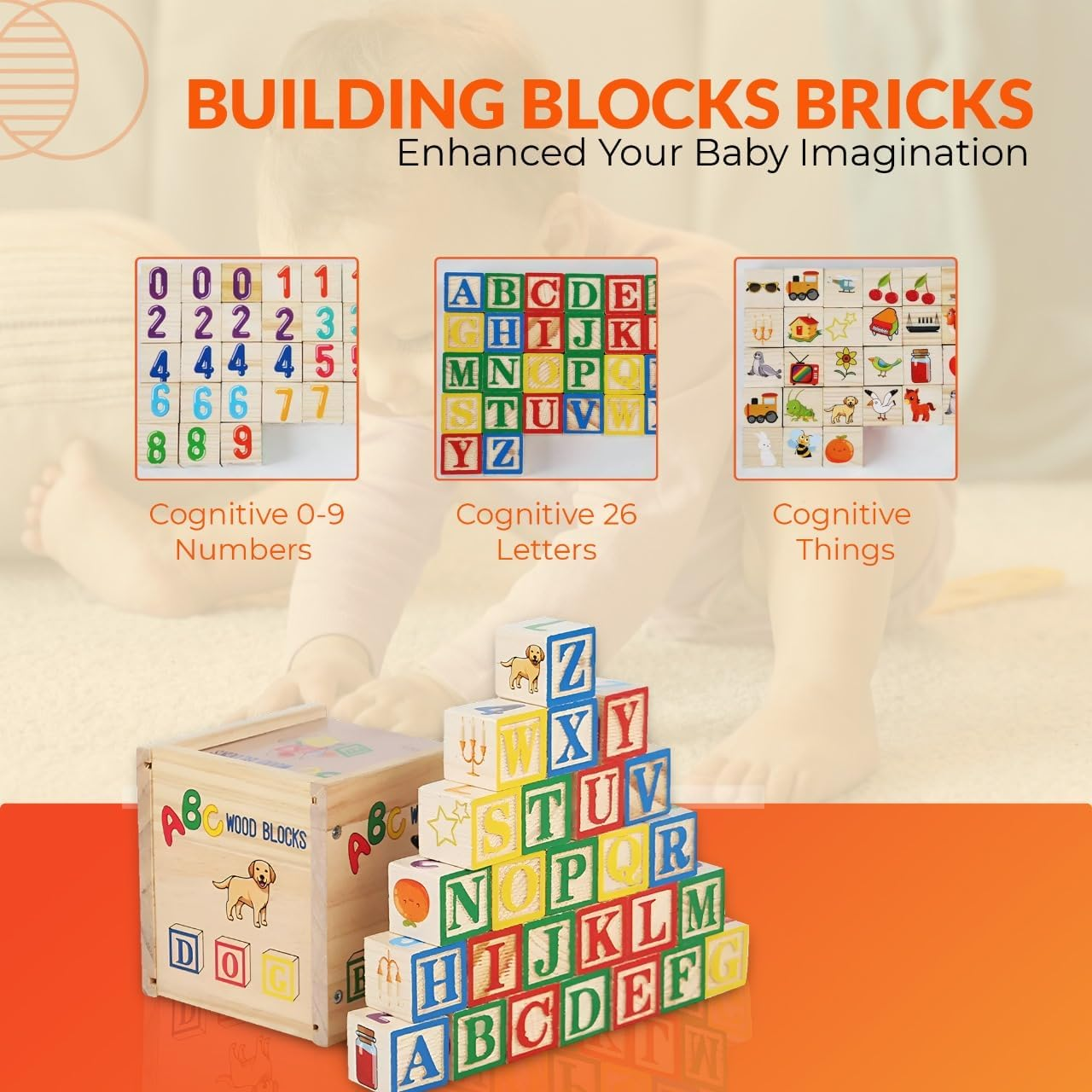 Wooden Baby ABC Block Set &ndash; 27-Piece Alphabet & Number Learning Blocks for Toddlers &ndash; Montessori Educational Toys for Preschool Learning &ndash; Beautiful Wooden Toy Set for Kids 1-3 image number 2