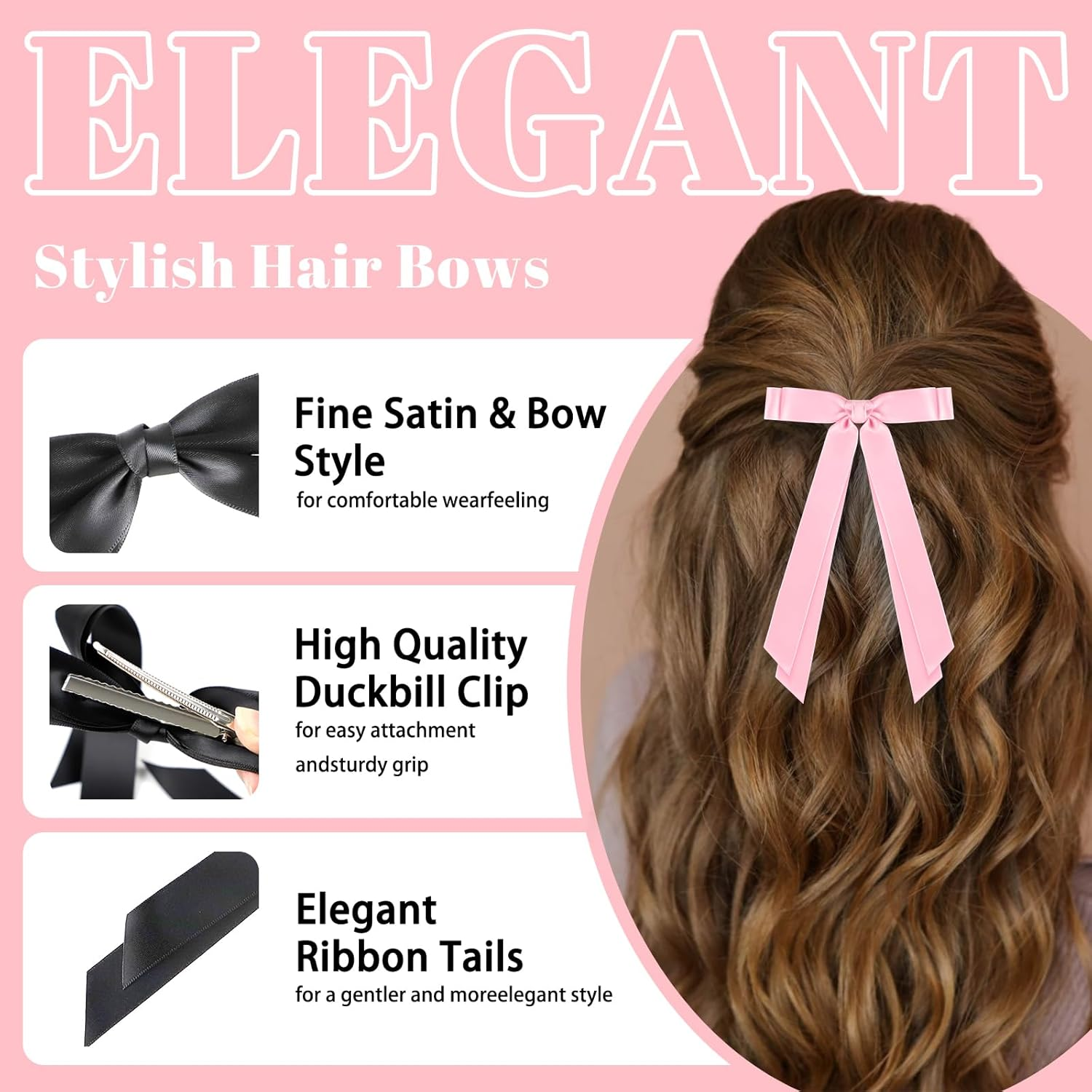 OT-NVWOZR Pack of 12 Hair Clips Bow for Women, Satin Hair Bows with Long Tail, 3 Styles Silky Bows Hair Clips Metal Girls Hair Accessories Women