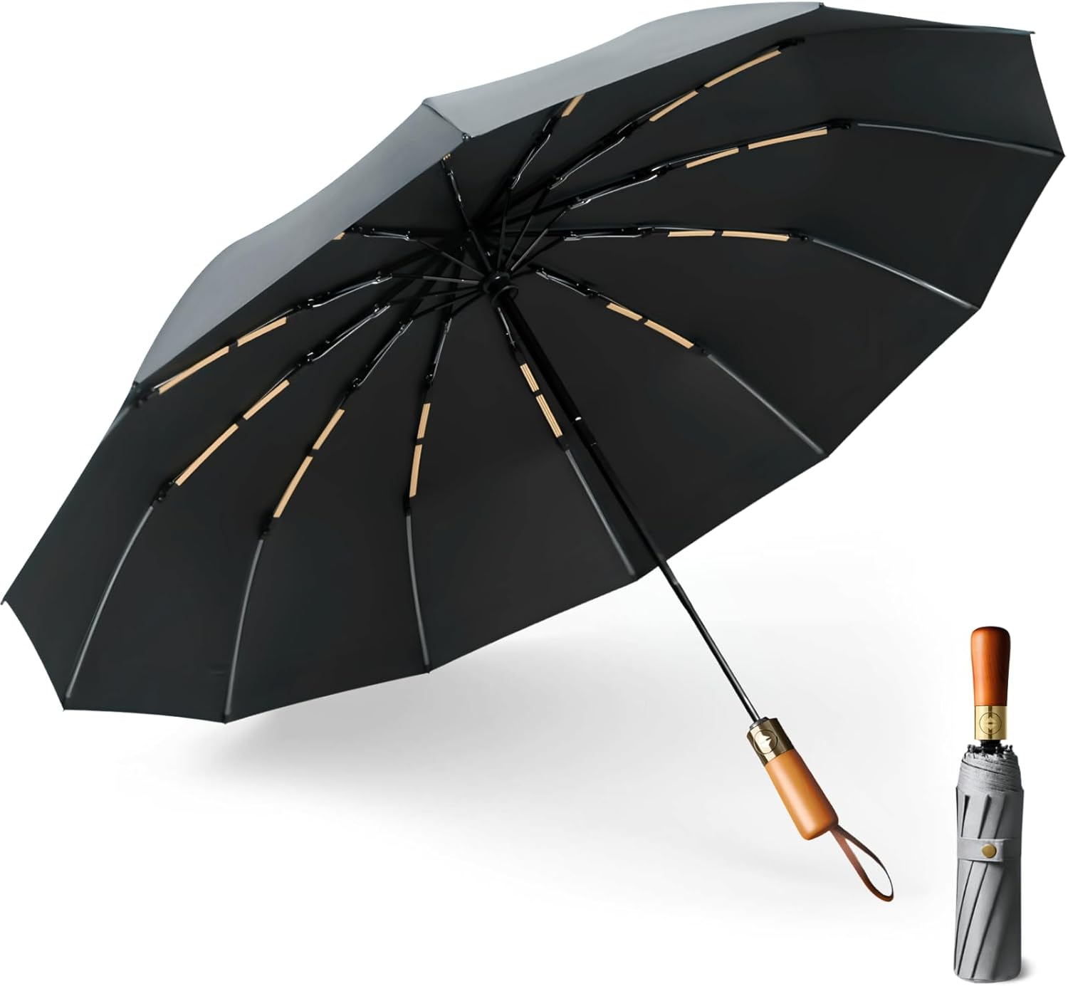 Windproof 12-Rib Auto-Opening Umbrella with Wooden Handle &ndash; Compact Folding Umbrella for Travel, Strong Rain and Sun Protection, UPF UV, Large Portable Golf Beach Parasol