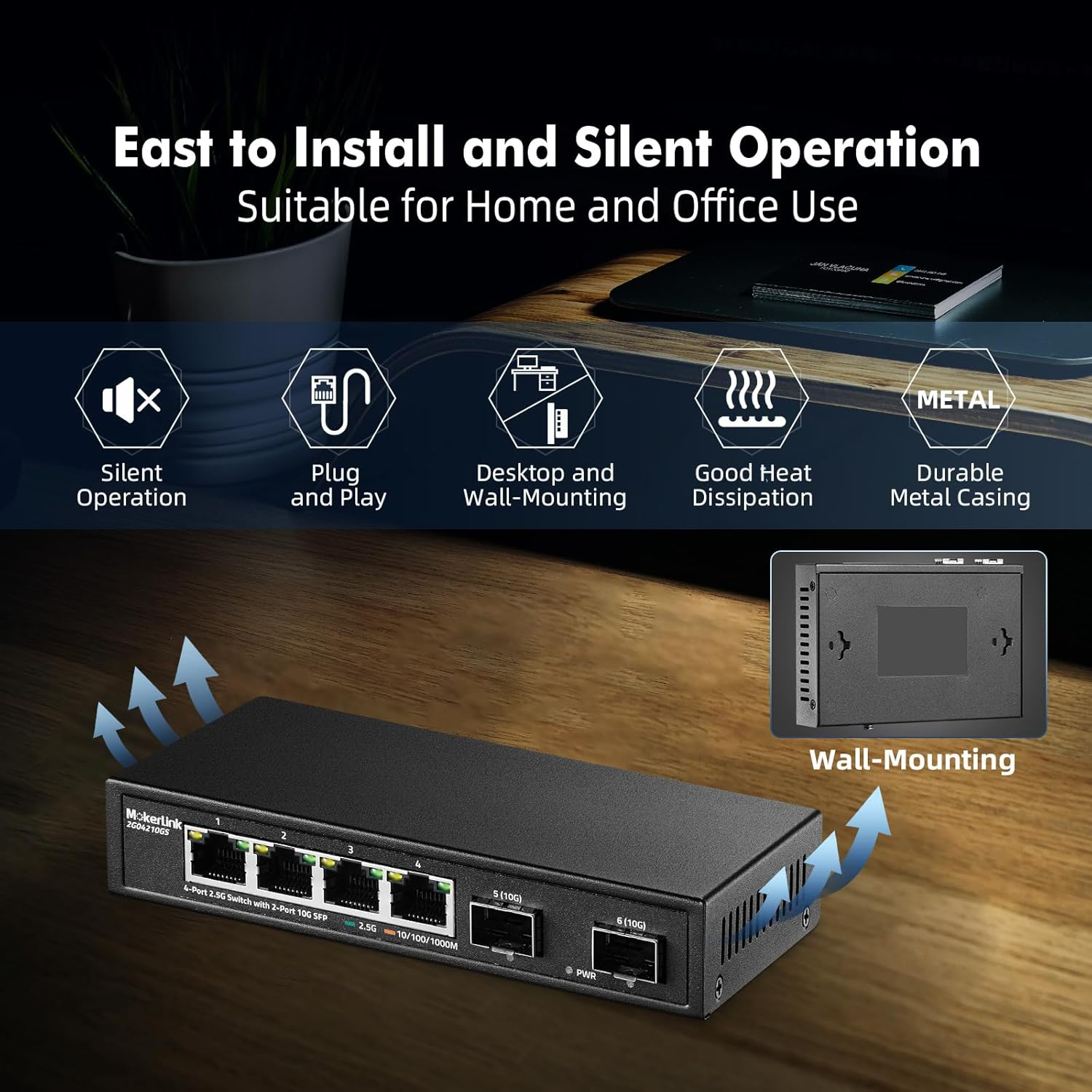 Mokerlink 4 Port 2.5G Ethernet Switch with 2X10G SFP, 5 X 2.5G Base-T Ports Compatible with 10/100/1000Mbps, Metal Unmanaged Fanless Network Switch image number 6