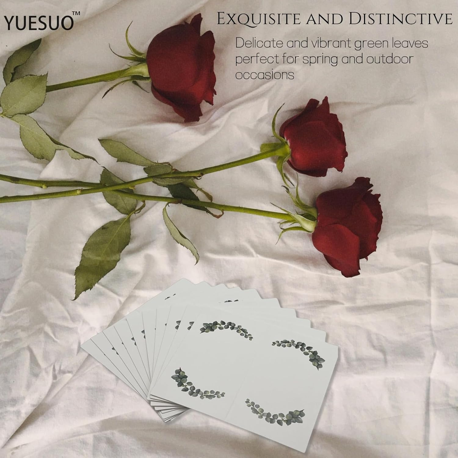 YUESUO 100PCS Green Leaves Watercolor Place Cards Folded Tented Blank Table Cards Name Card for Weddings,Parties, Business Events Decorations 2" X 3.5" (Green) image number 6