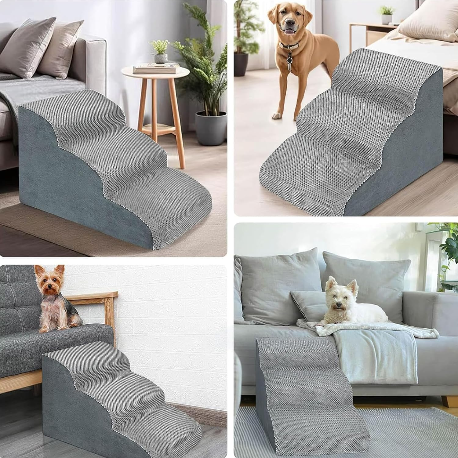 Dog Stairs for Small Dogs Ramp for Couches Bed Extra Wide Pet Steps with Durable Non-Slip Waterproof Fabric Cover(Grey,3Steps) image number 5