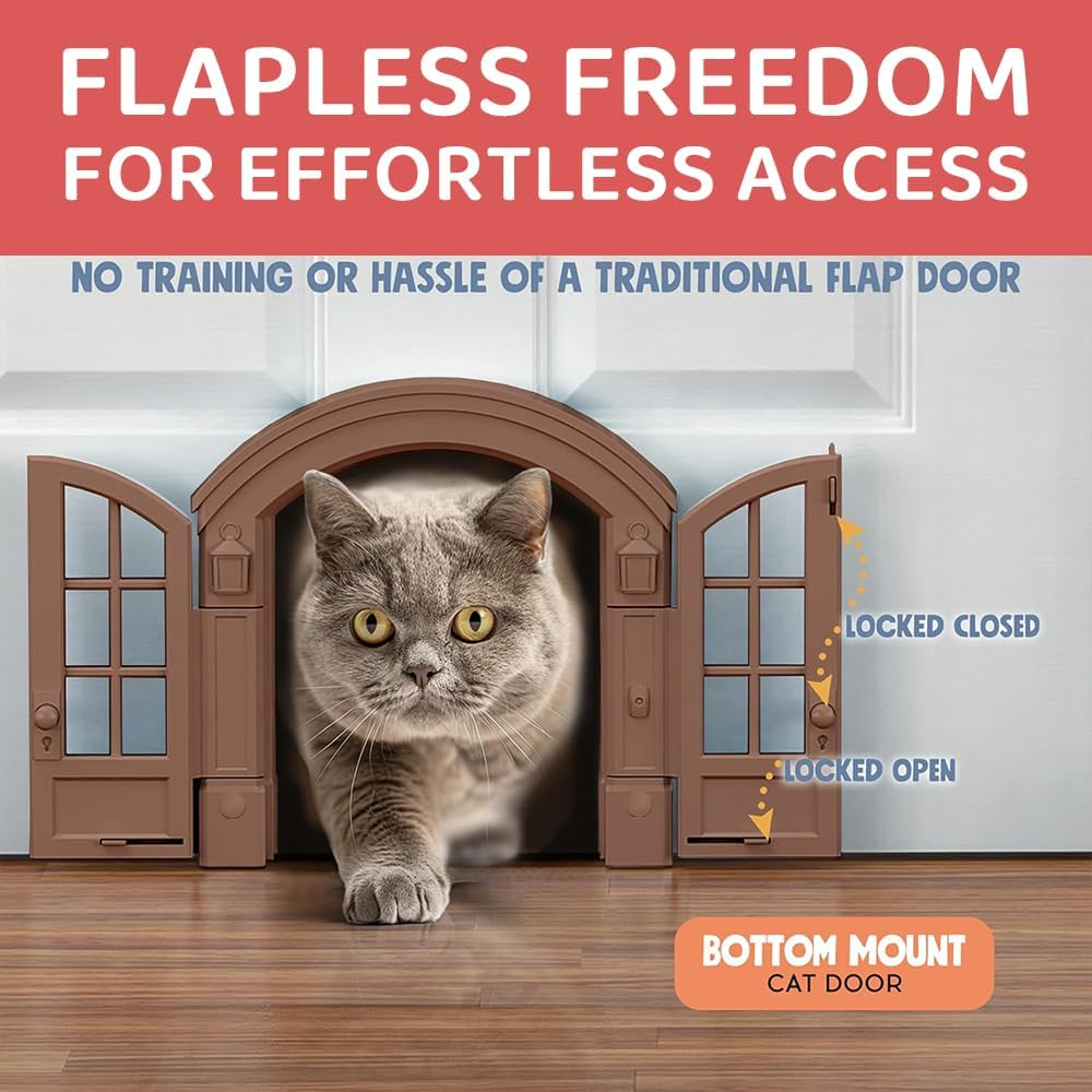 JIUSEGE Indoor Cat Door &ndash; No-Flap French Bi-Fold Pet Door for Cats up to 11 KG, Odor-Isolating Design, Easy DIY Installation, Secure Fit, Brown &ndash; 24 X 27.5 X 7.2 CM image number 3