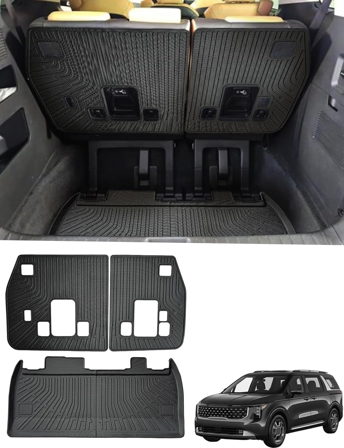 Marretoo Cargo Mats for Kia Carnival 8 Seats (2022-2025) - All-Weather TPE Black Trunk Liner, 2-In-1 Seat Backrest Mat (NOT for Hybrid) image number 2