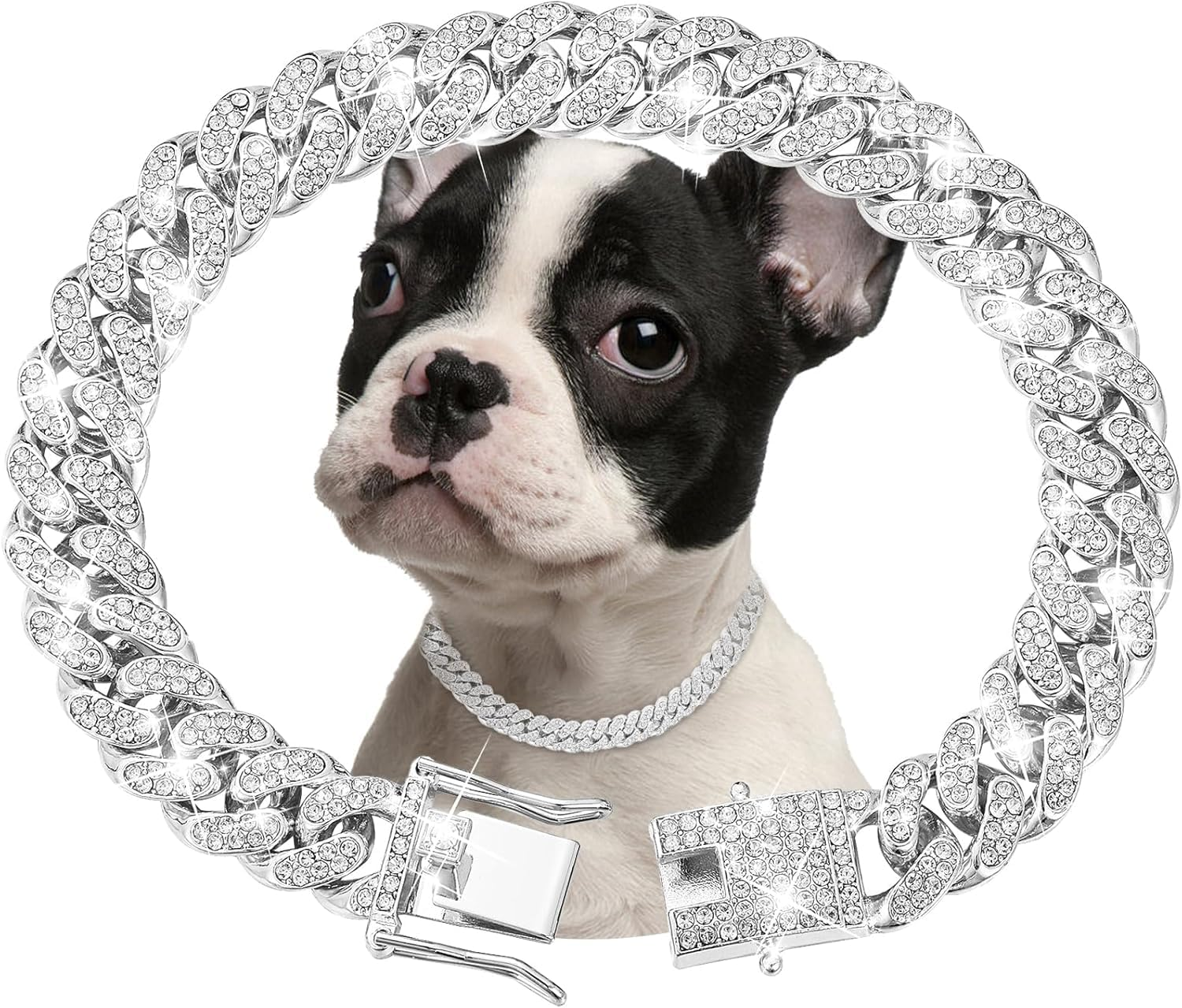 Diamond Cuban Link Dog Collar 13Mm Wide Dog Necklace Metal Cat Chain Pet Crystal Collar Jewelry Accessories for Small Medium Large Dogs Cats Silver Chain Collar (16Inch)