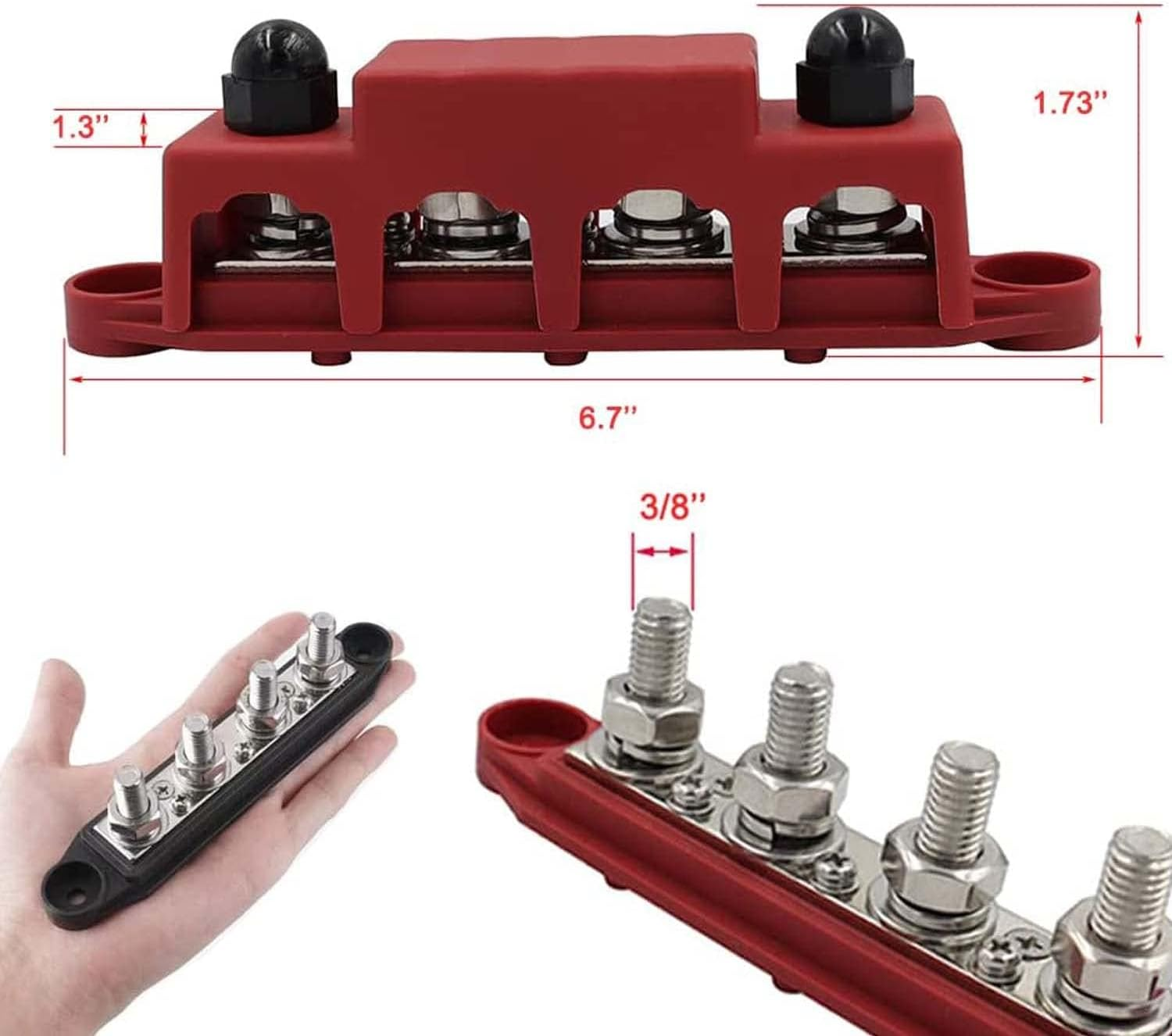 AULESSE 12V-48V DC Bus Bar Power Distribution Block 5/16" (M8) 4 Studs Heavy Duty Busbar Stud Terminal Junction Block with Cover and Ring Terminals 250 Amp for Cars Rvs Ships Yachts (Red+Black) image number 6