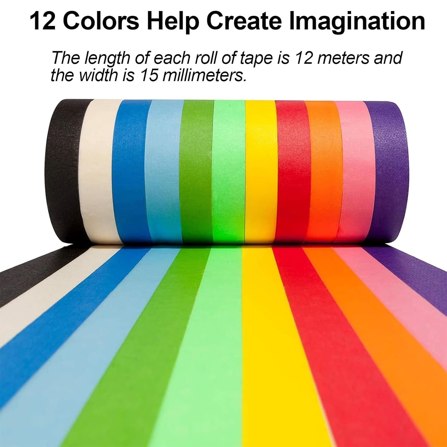 Colored Masking Tape,Rainbow Colors Painters Tape,Labeling Tape,12 Pack Colored Tape Writable Easy Tear Masking Tape Set for DIY Crafts,Artistic Writing,Spray Painting,Masking Decoration (15Mmx12M) image number 1
