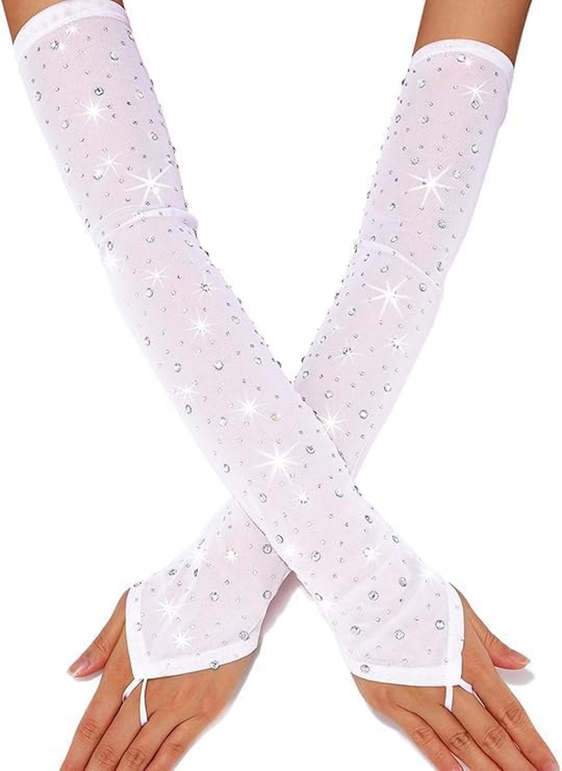 Rhinestone Long Fingerless Gloves Sparkly Tulle Sheer Gloves Mesh Event Stretch Party Accessories for Women image number 2